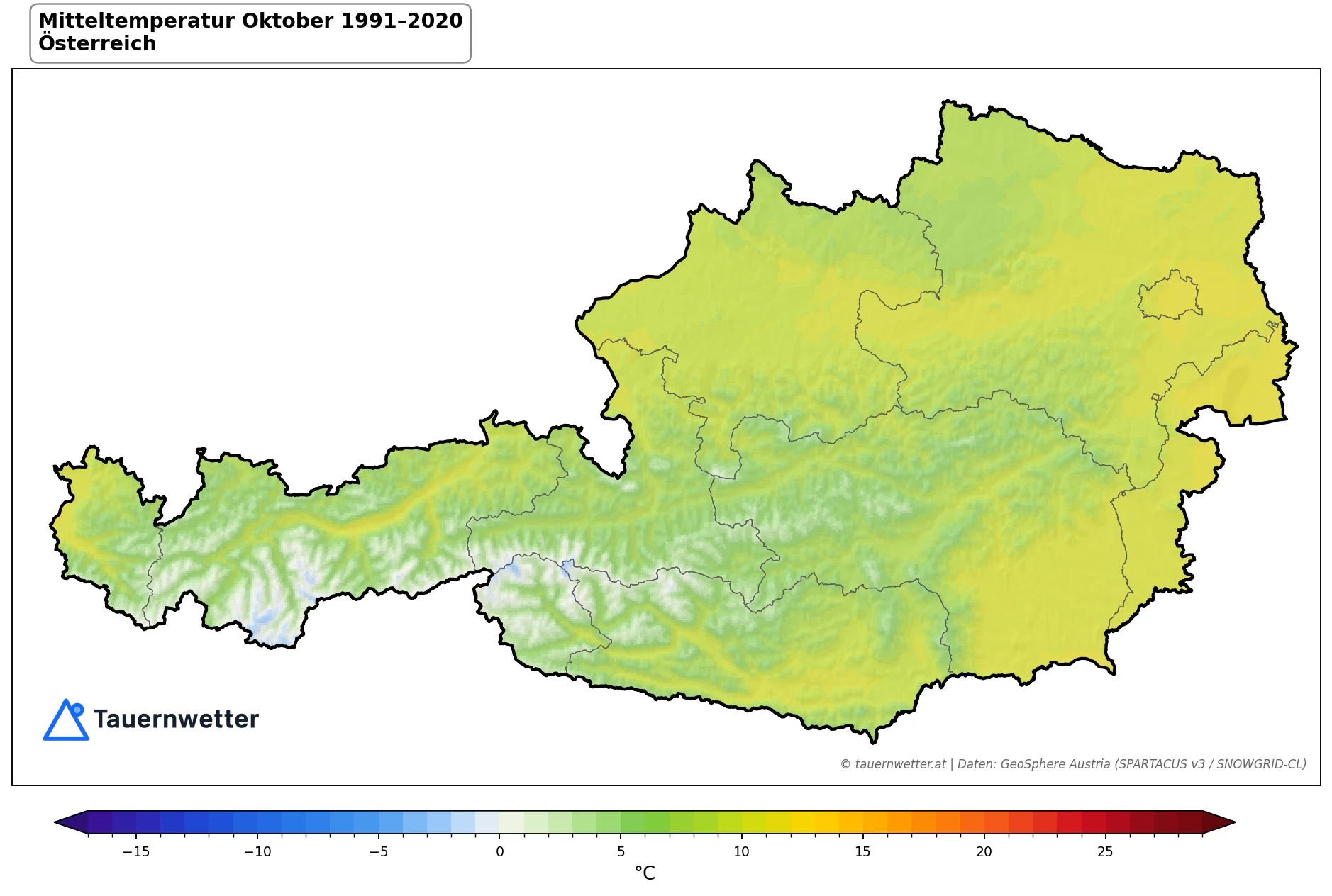 Klimakarte Mitteltemperatur, Oktober 1991–2020 in Österreich