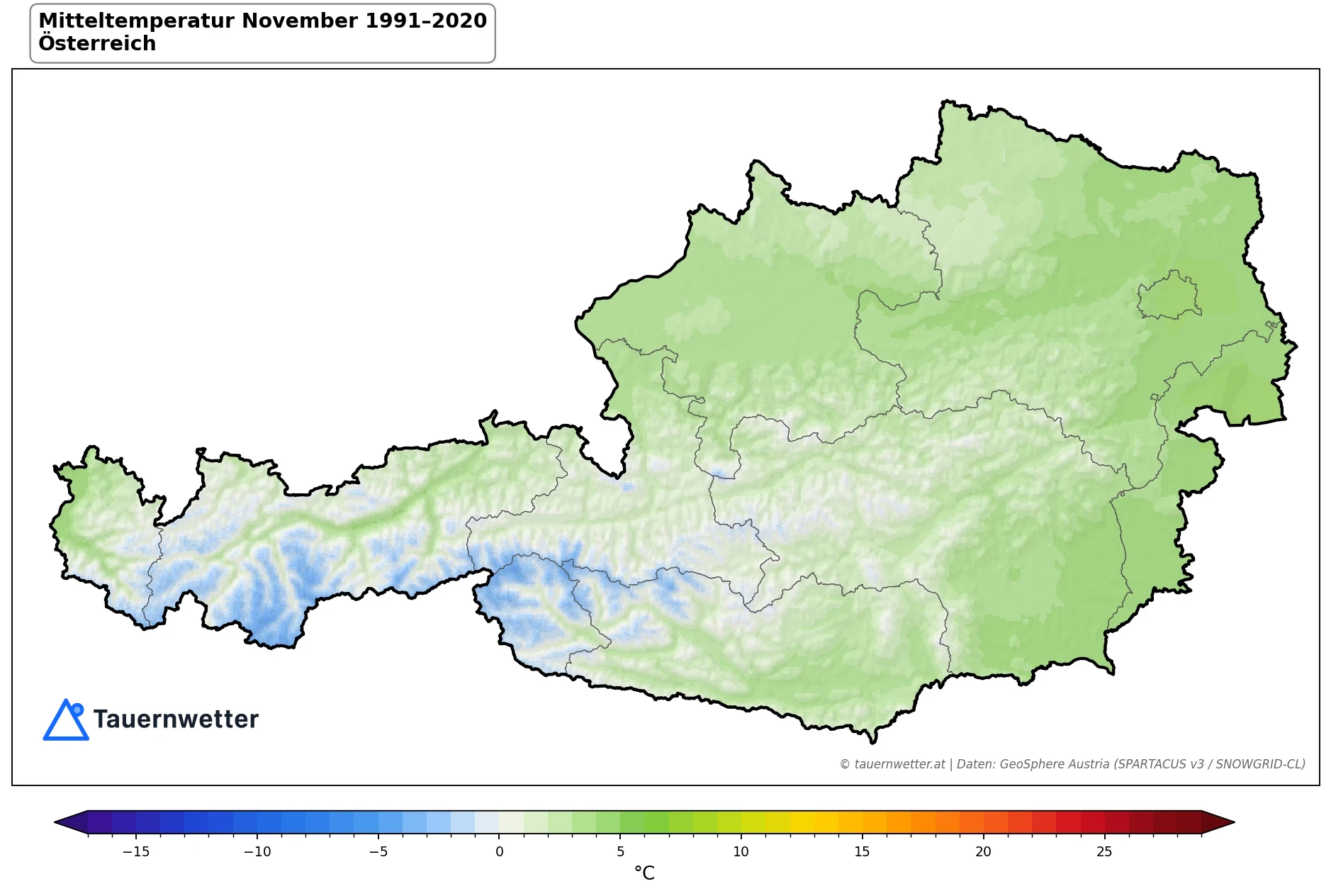 Klimakarte Mitteltemperatur, November 1991–2020 in Österreich