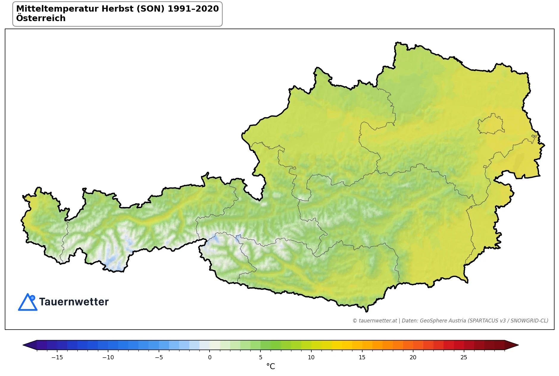 Klimakarte Mitteltemperatur, Herbst (SON) 1991–2020 in Österreich