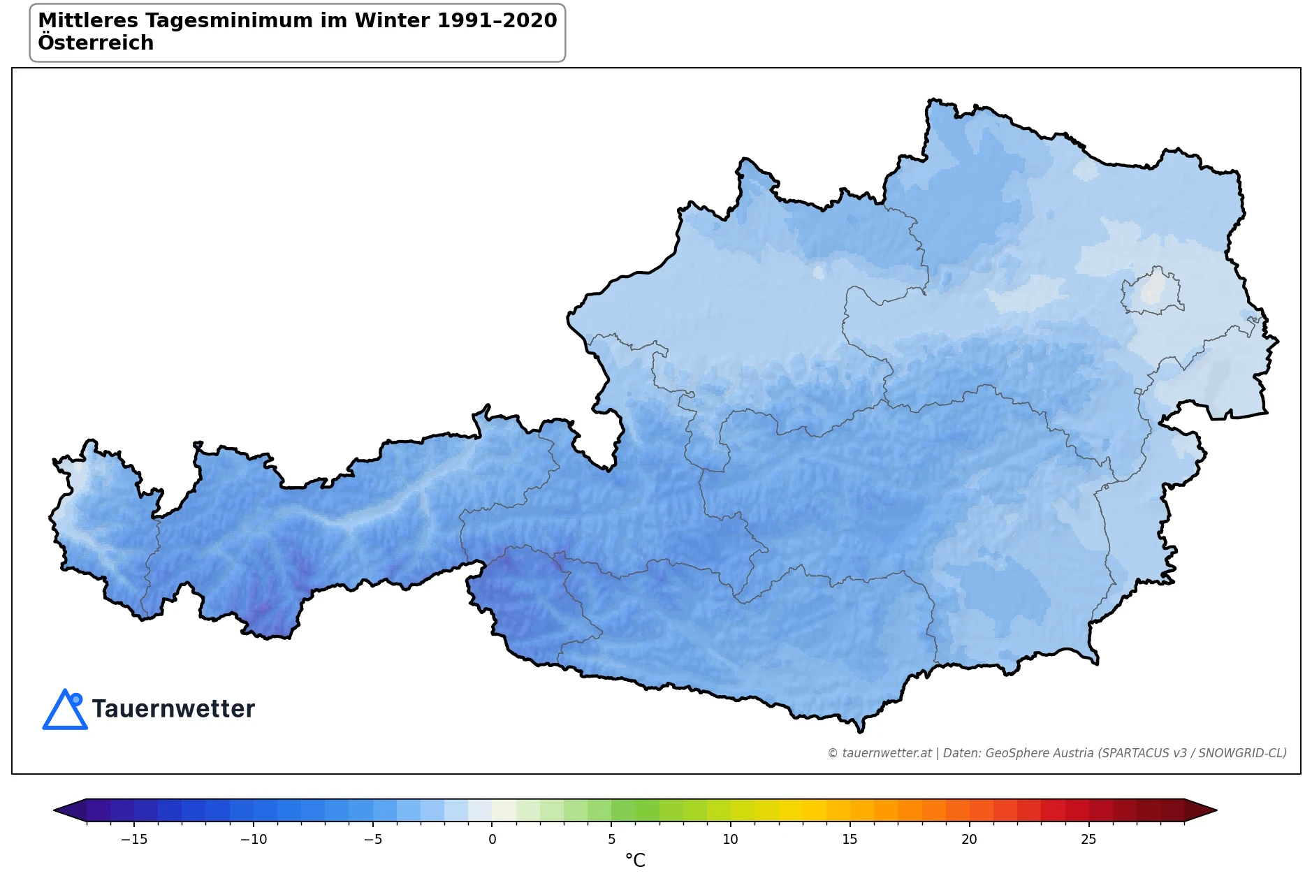 Klimakarte Minimale Temperatur (Tagesminimum), Winter (DJF) 1991–2020 in Österreich
