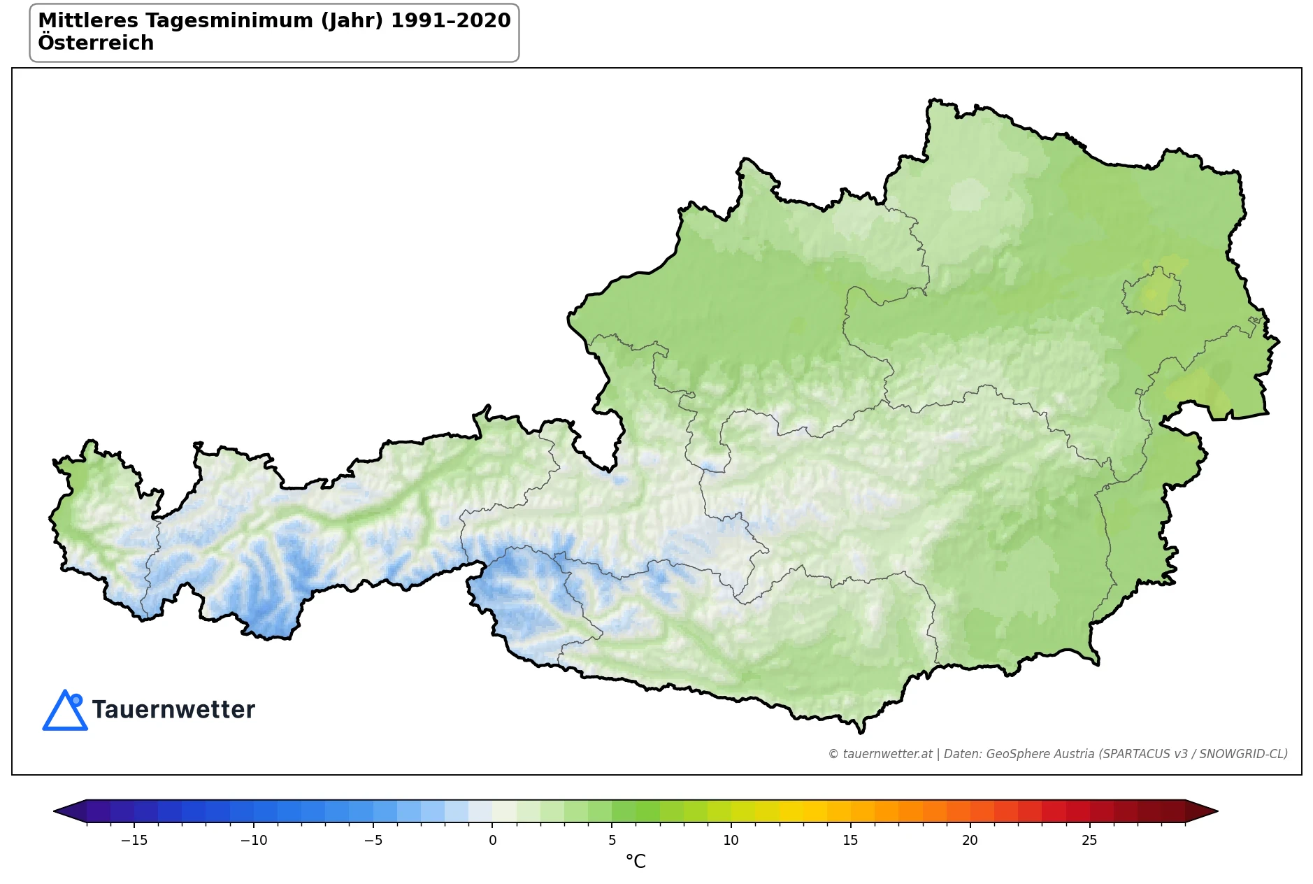 Klimakarte Minimale Temperatur (Tagesminimum), Jahr 1991–2020 in Österreich
