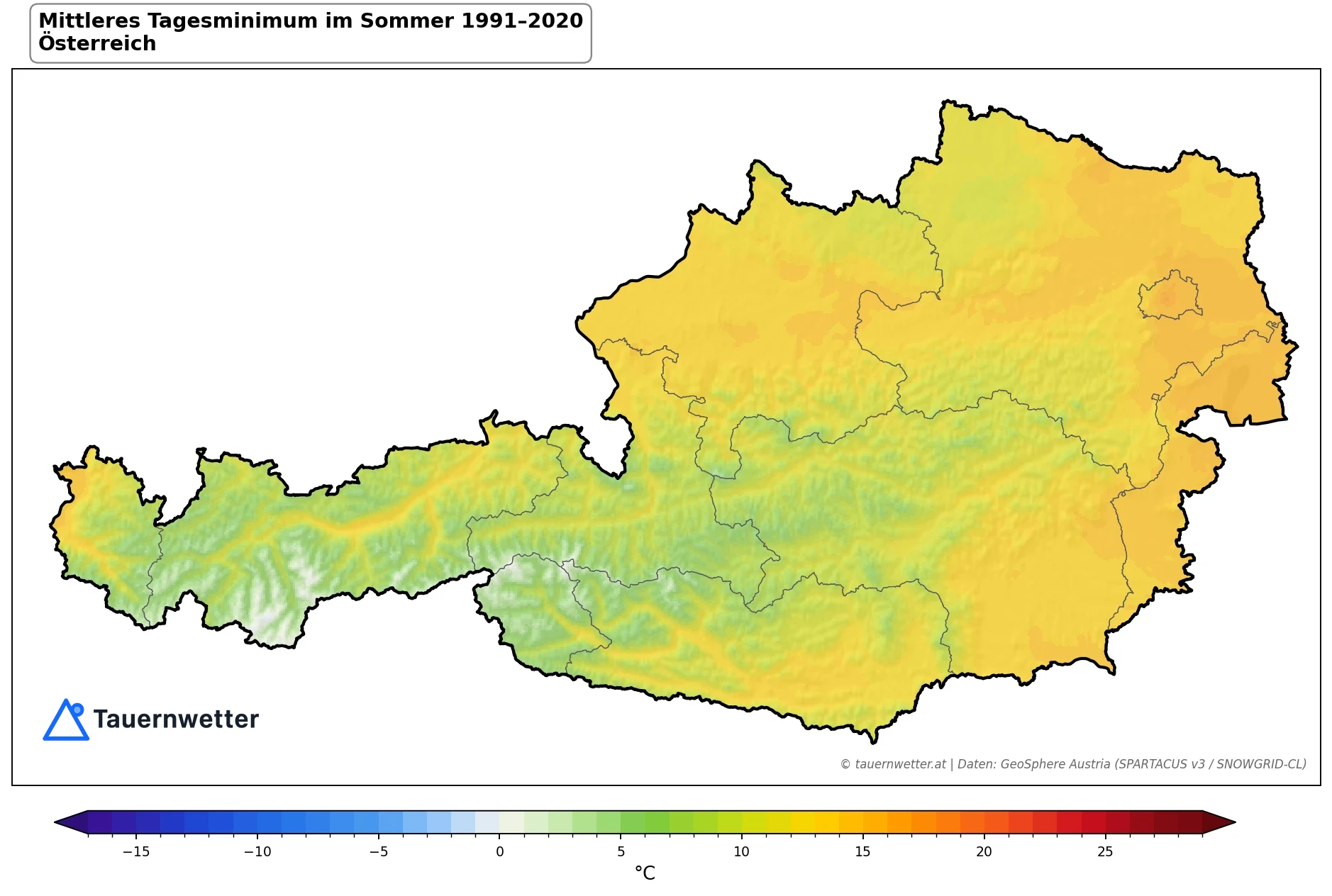 Klimakarte Minimale Temperatur (Tagesminimum), Sommer (JJA) 1991–2020 in Österreich
