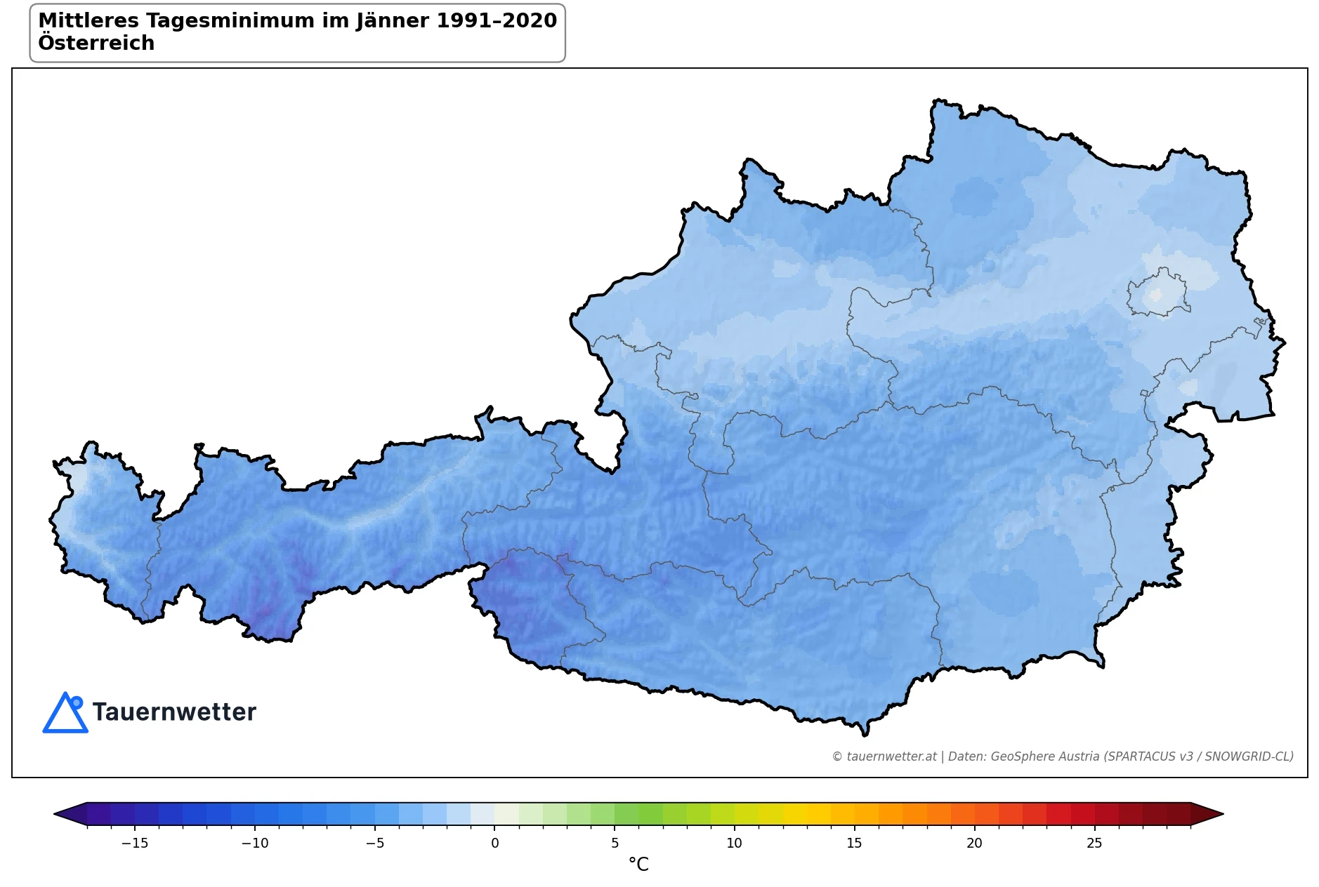 Klimakarte Minimale Temperatur (Tagesminimum), Jänner 1991–2020 in Österreich