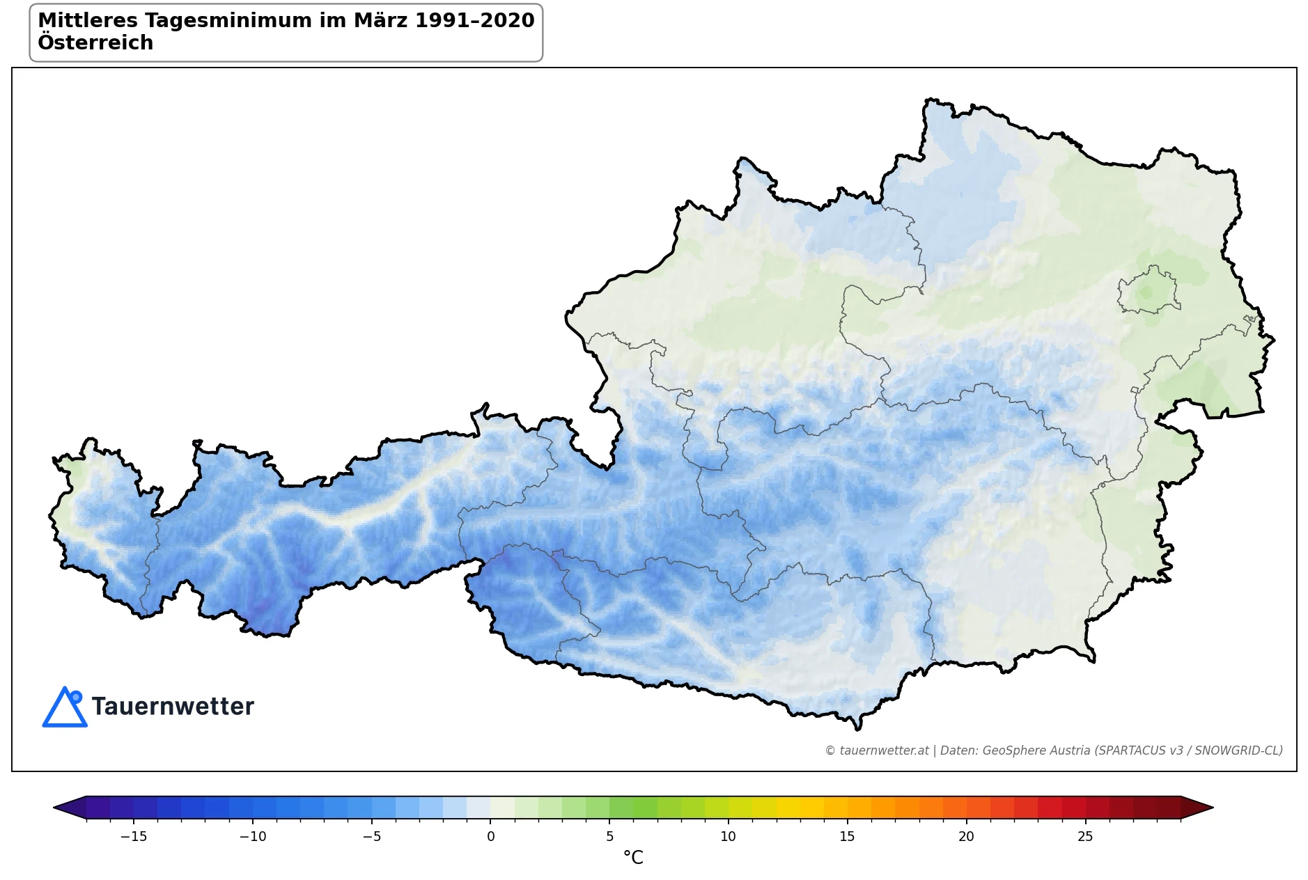 Klimakarte Minimale Temperatur (Tagesminimum), März 1991–2020 in Österreich