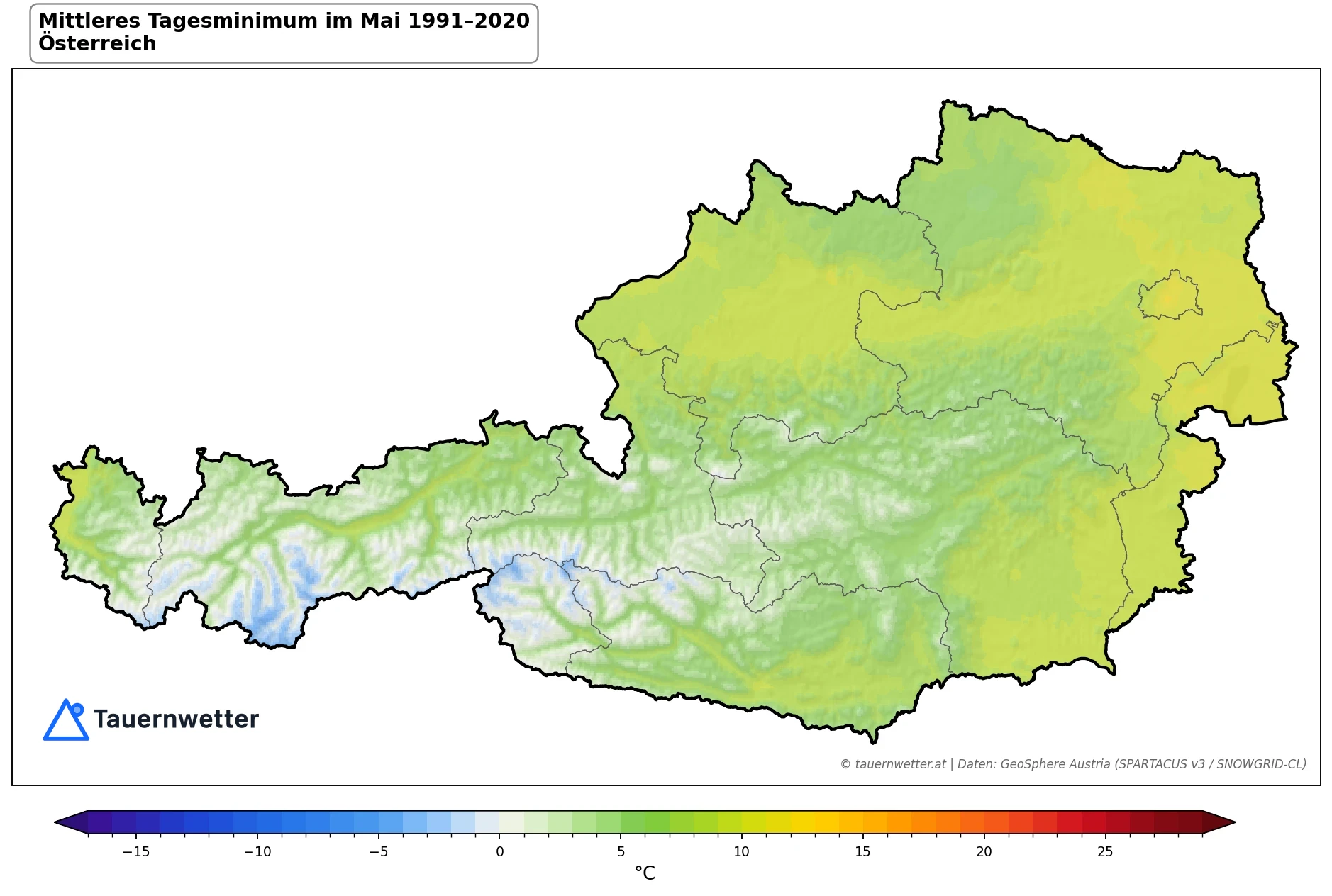Klimakarte Minimale Temperatur (Tagesminimum), Mai 1991–2020 in Österreich
