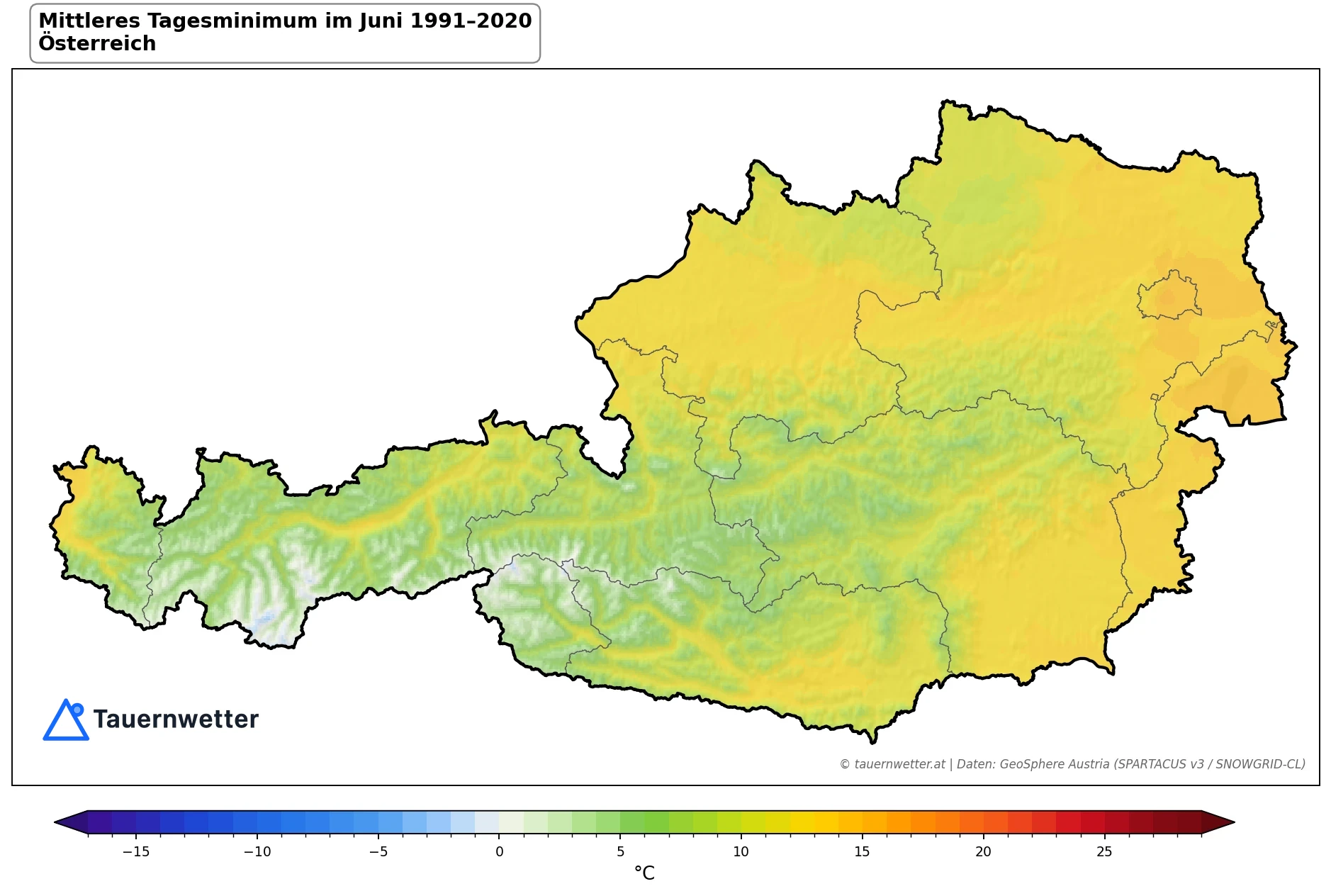 Klimakarte Minimale Temperatur (Tagesminimum), Juni 1991–2020 in Österreich