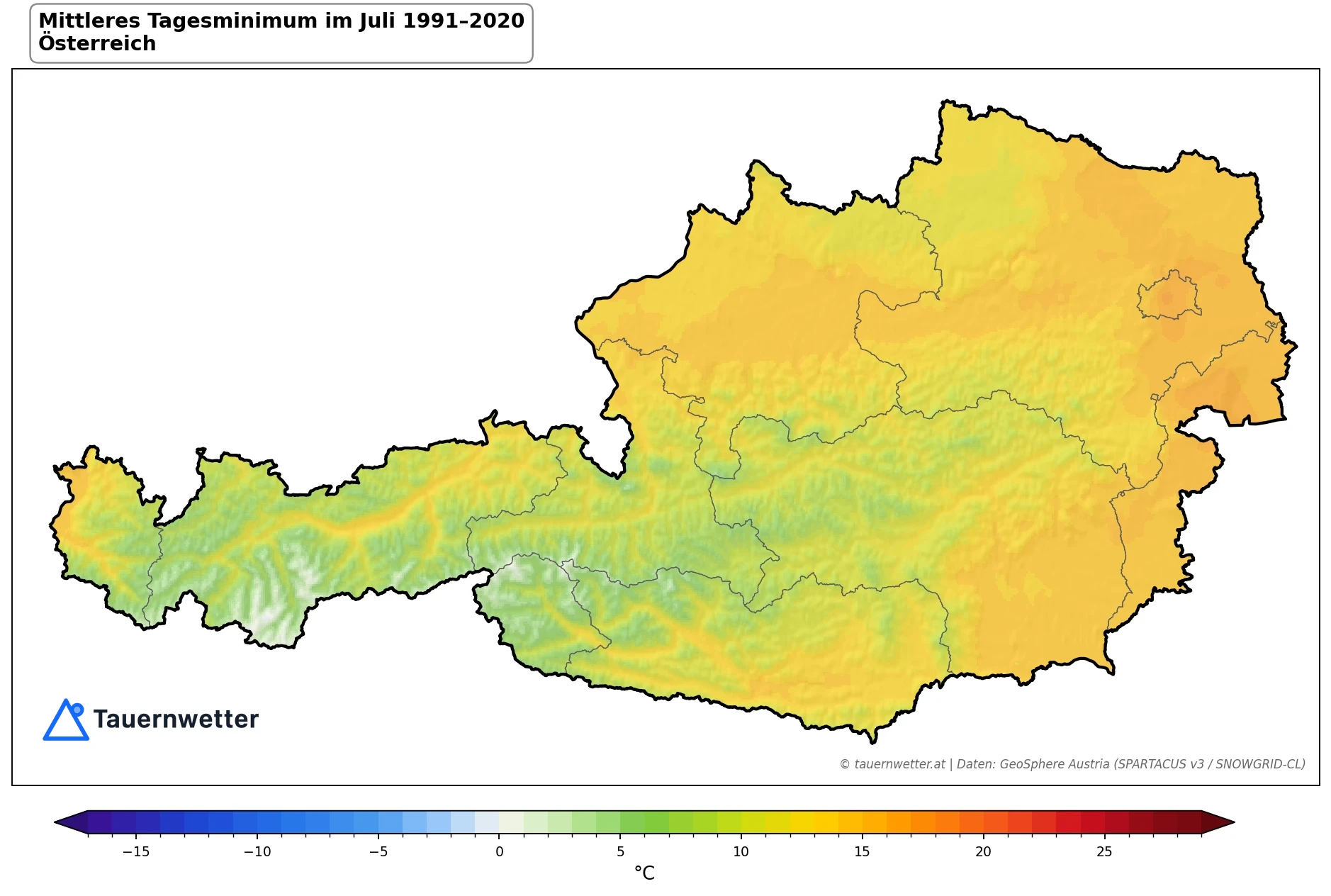 Klimakarte Minimale Temperatur (Tagesminimum), Juli 1991–2020 in Österreich