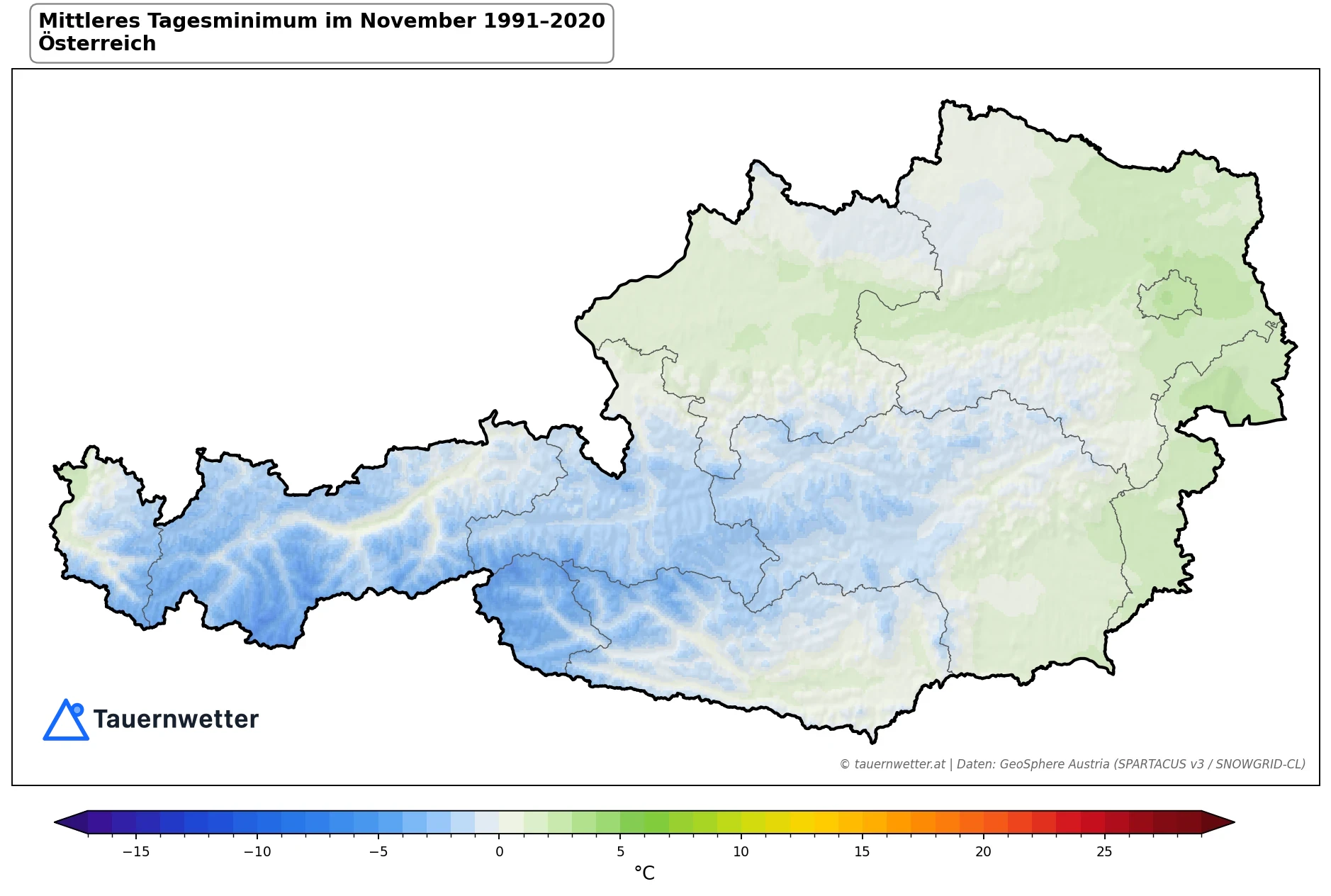 Klimakarte Minimale Temperatur (Tagesminimum), November 1991–2020 in Österreich