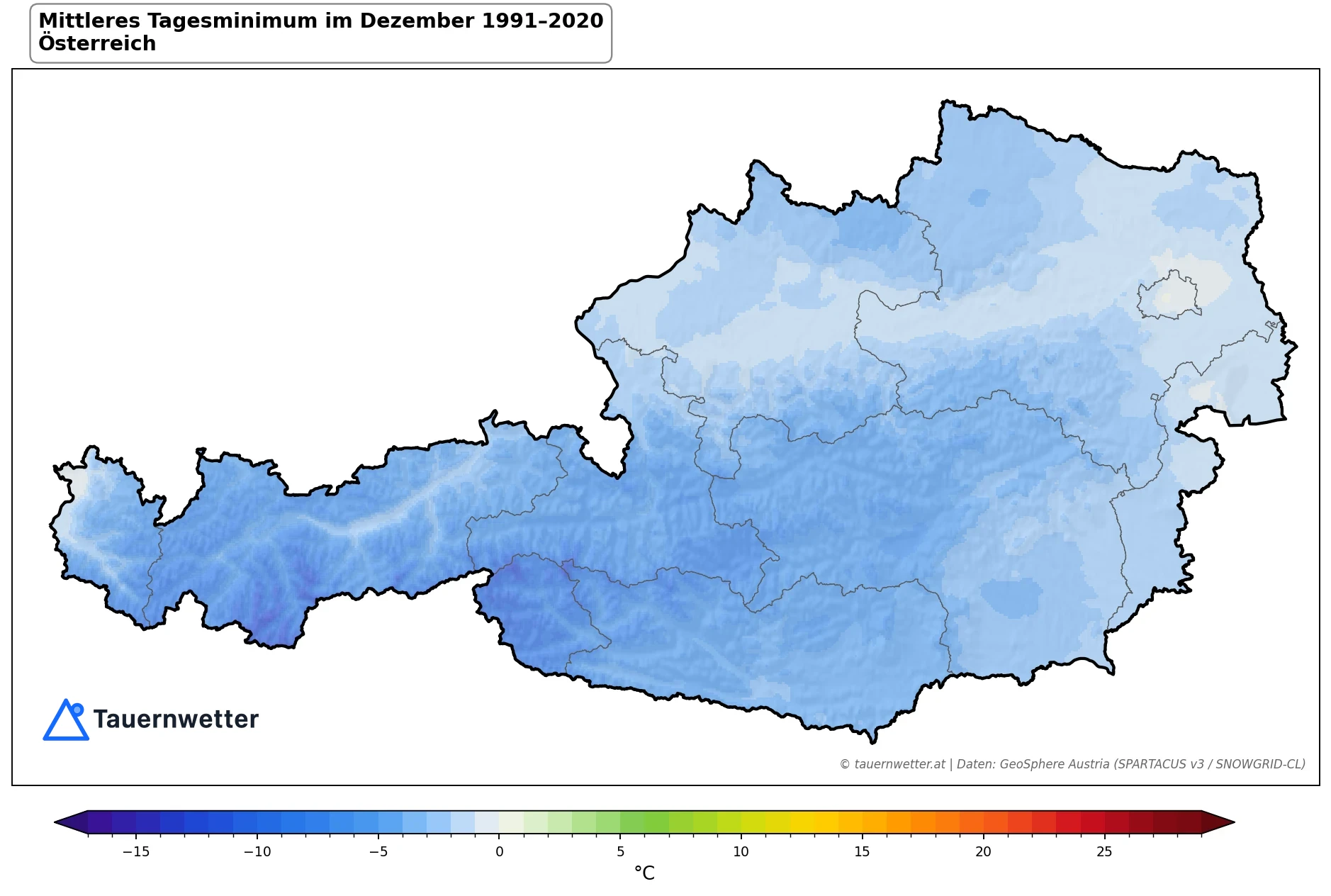 Klimakarte Minimale Temperatur (Tagesminimum), Dezember 1991–2020 in Österreich