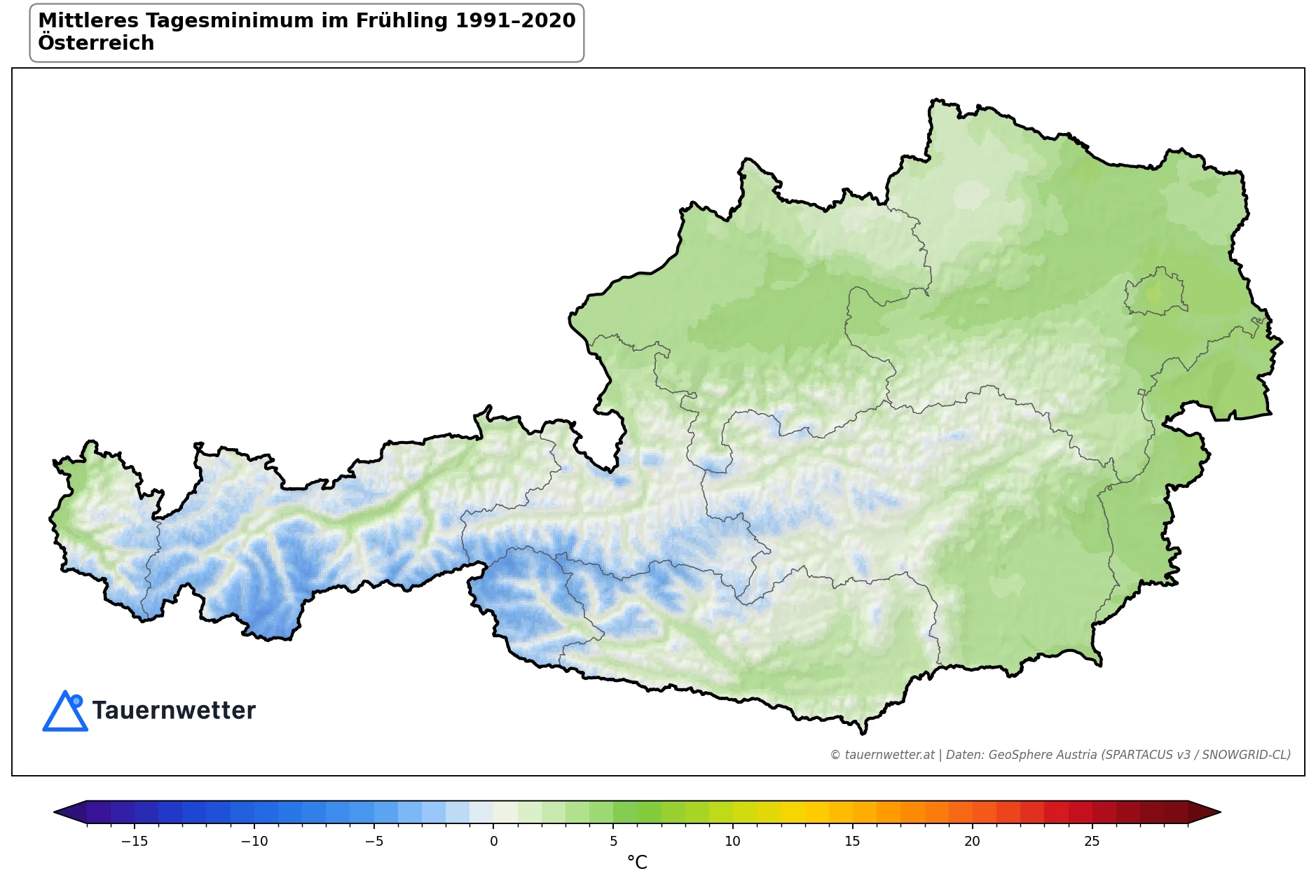 Klimakarte Minimale Temperatur (Tagesminimum), Frühling (MAM) 1991–2020 in Österreich