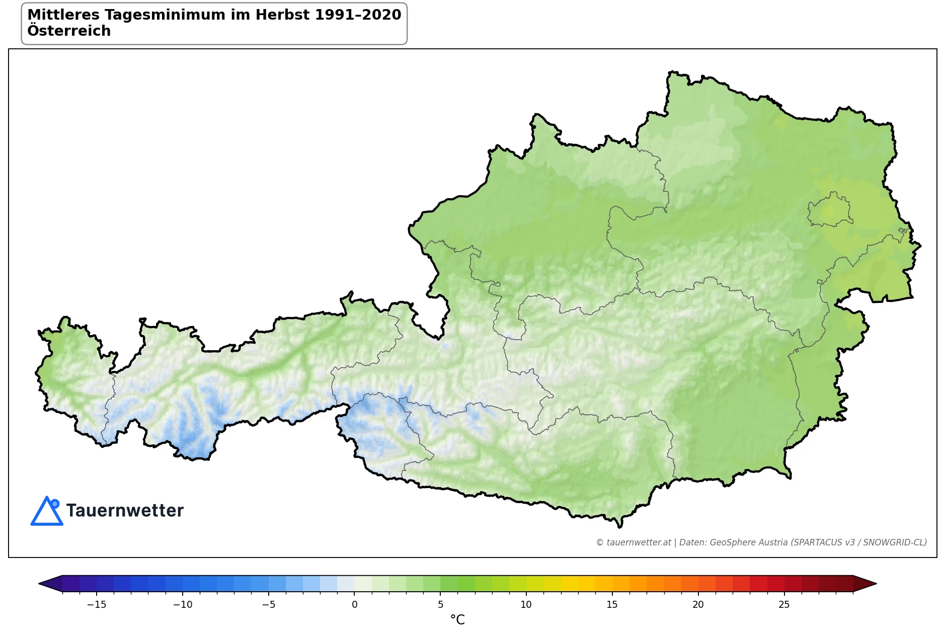 Klimakarte Minimale Temperatur (Tagesminimum), Herbst (SON) 1991–2020 in Österreich