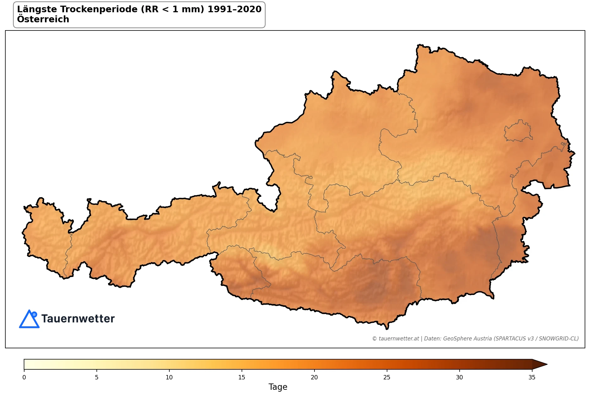 Klimakarte Längste Trockenperiode (RR < 1 mm), Jahr 1991–2020 in Österreich