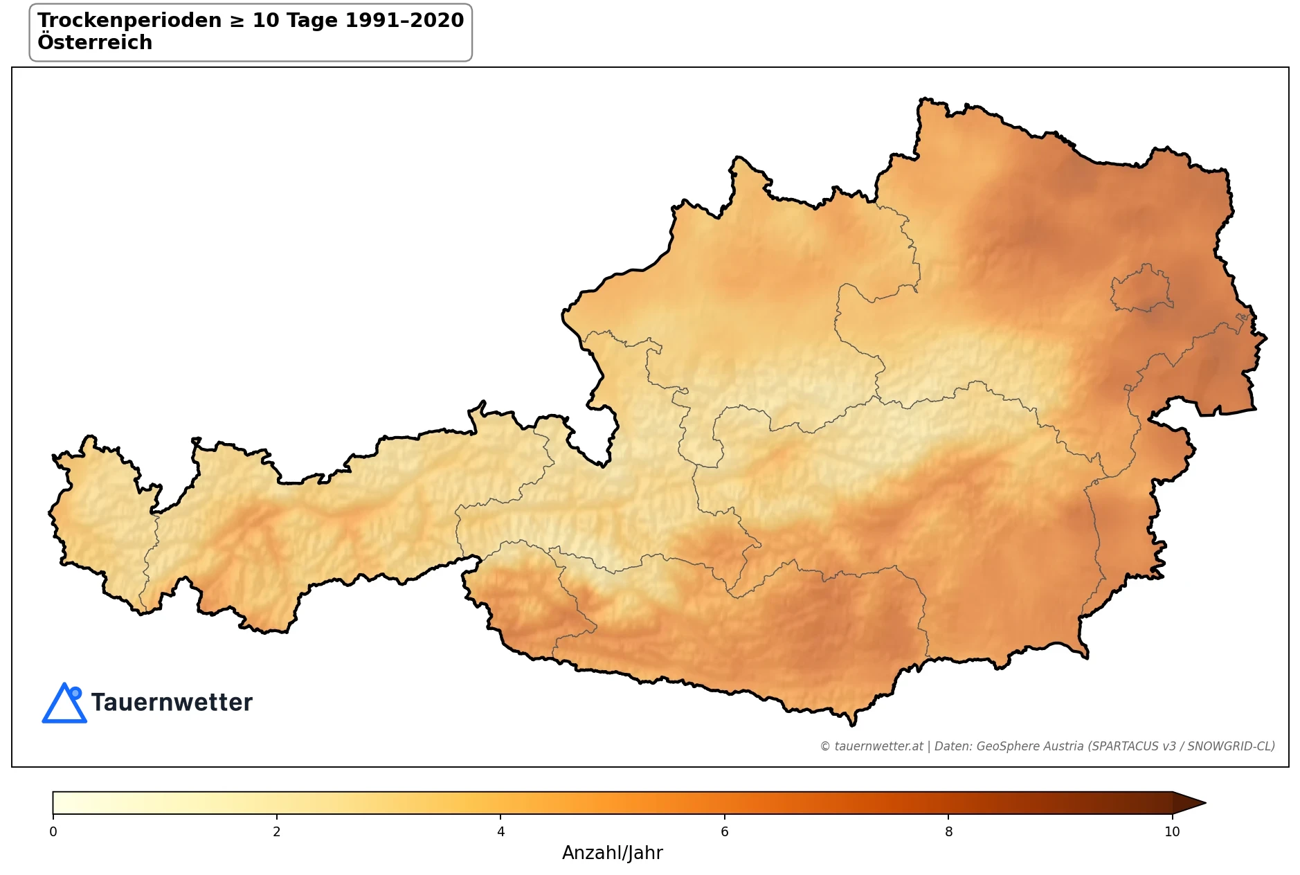 Klimakarte Trockenperioden ≥ 10 Tage, Jahr 1991–2020 in Österreich
