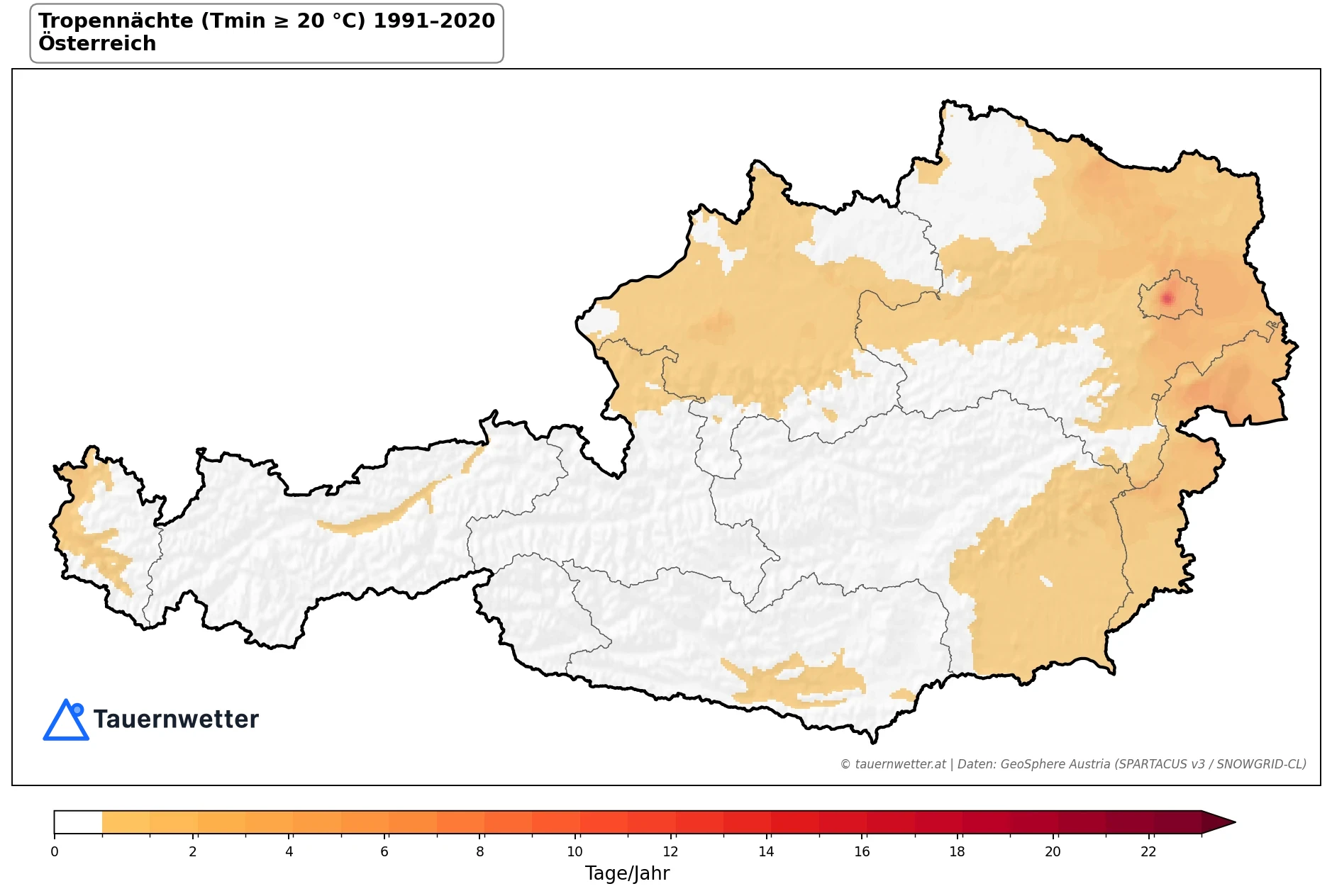 Klimakarte Tropennächte (Tmin ≥ 20 °C), Jahr 1991–2020 in Österreich