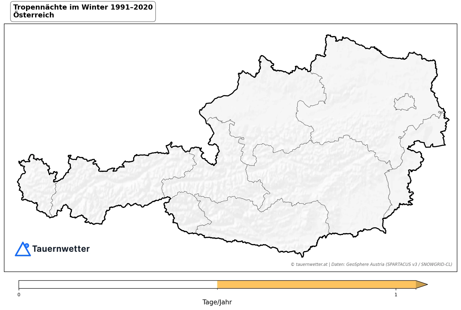 Klimakarte Tropennächte (Tmin ≥ 20 °C), Winter (DJF) 1991–2020 in Österreich