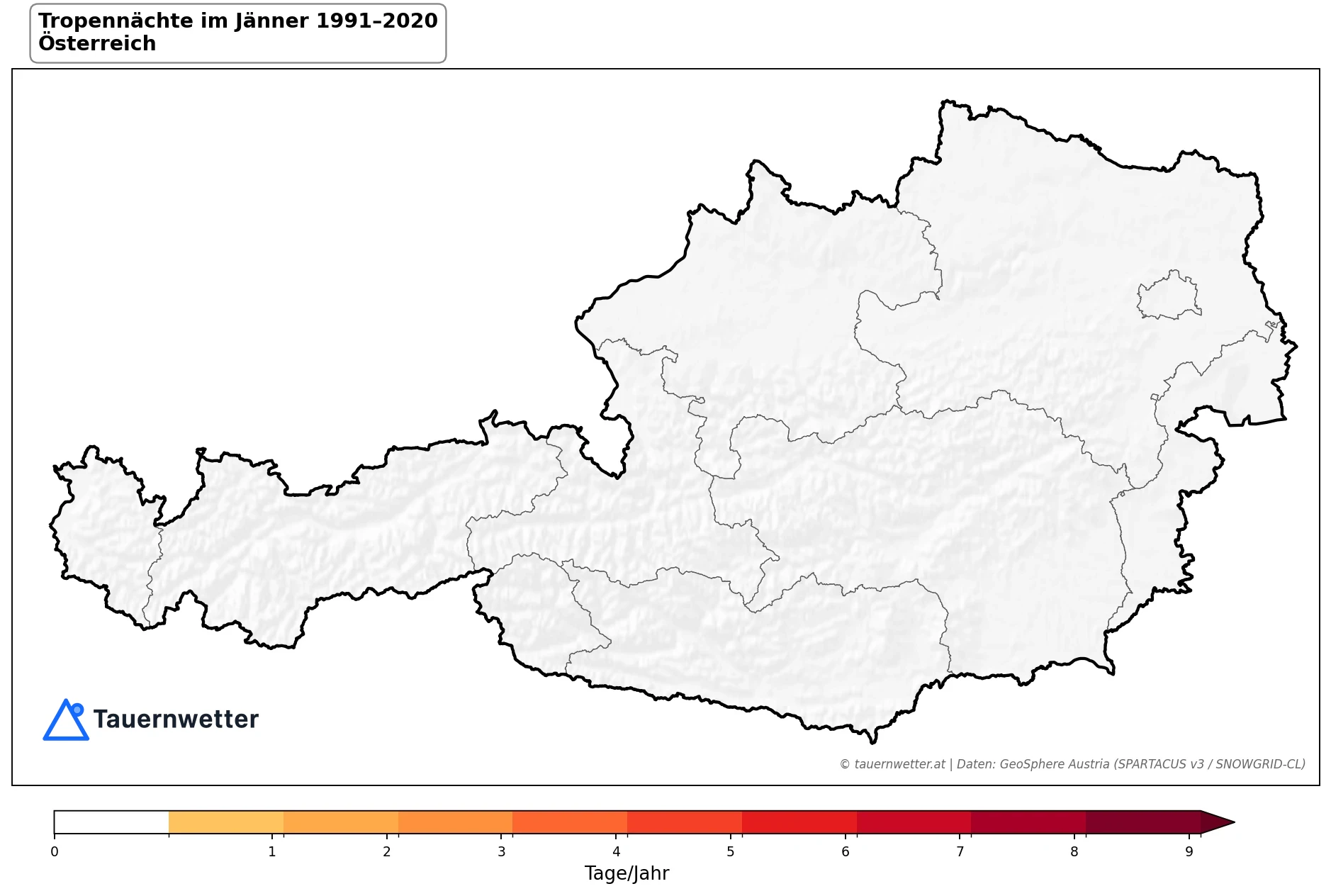 Klimakarte Tropennächte (Tmin ≥ 20 °C), Jänner 1991–2020 in Österreich