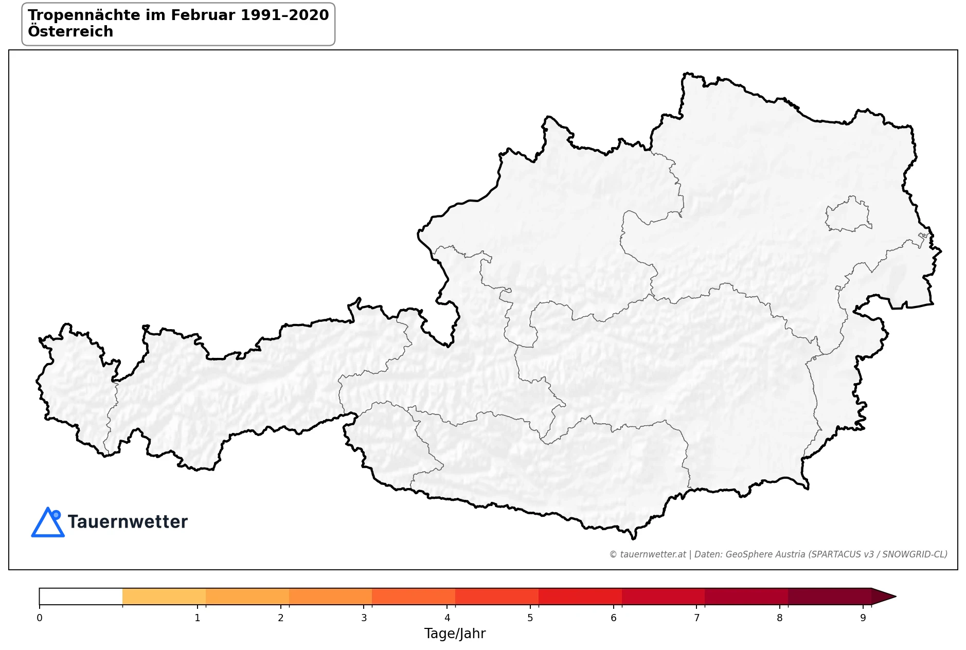 Klimakarte Tropennächte (Tmin ≥ 20 °C), Februar 1991–2020 in Österreich