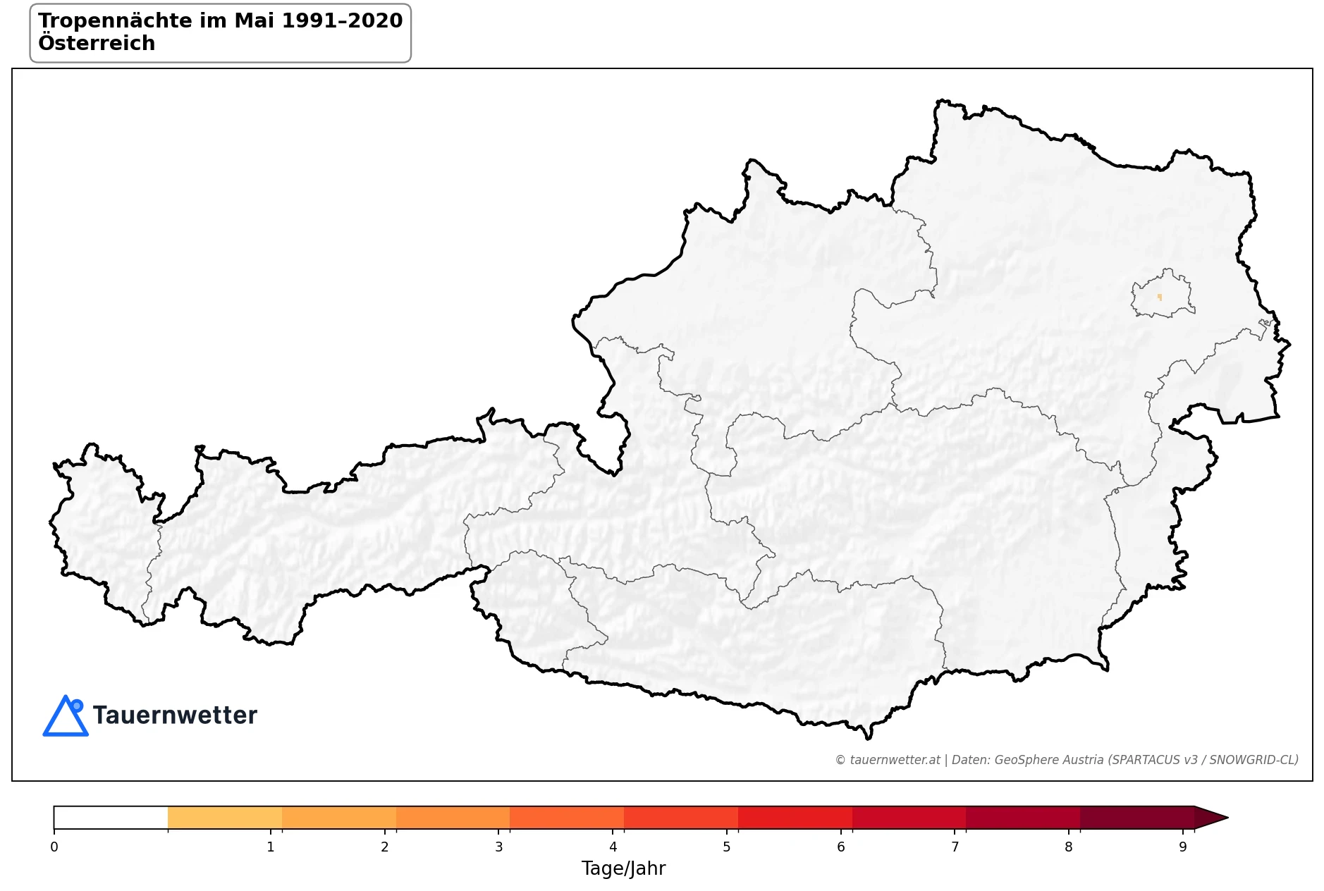 Klimakarte Tropennächte (Tmin ≥ 20 °C), Mai 1991–2020 in Österreich