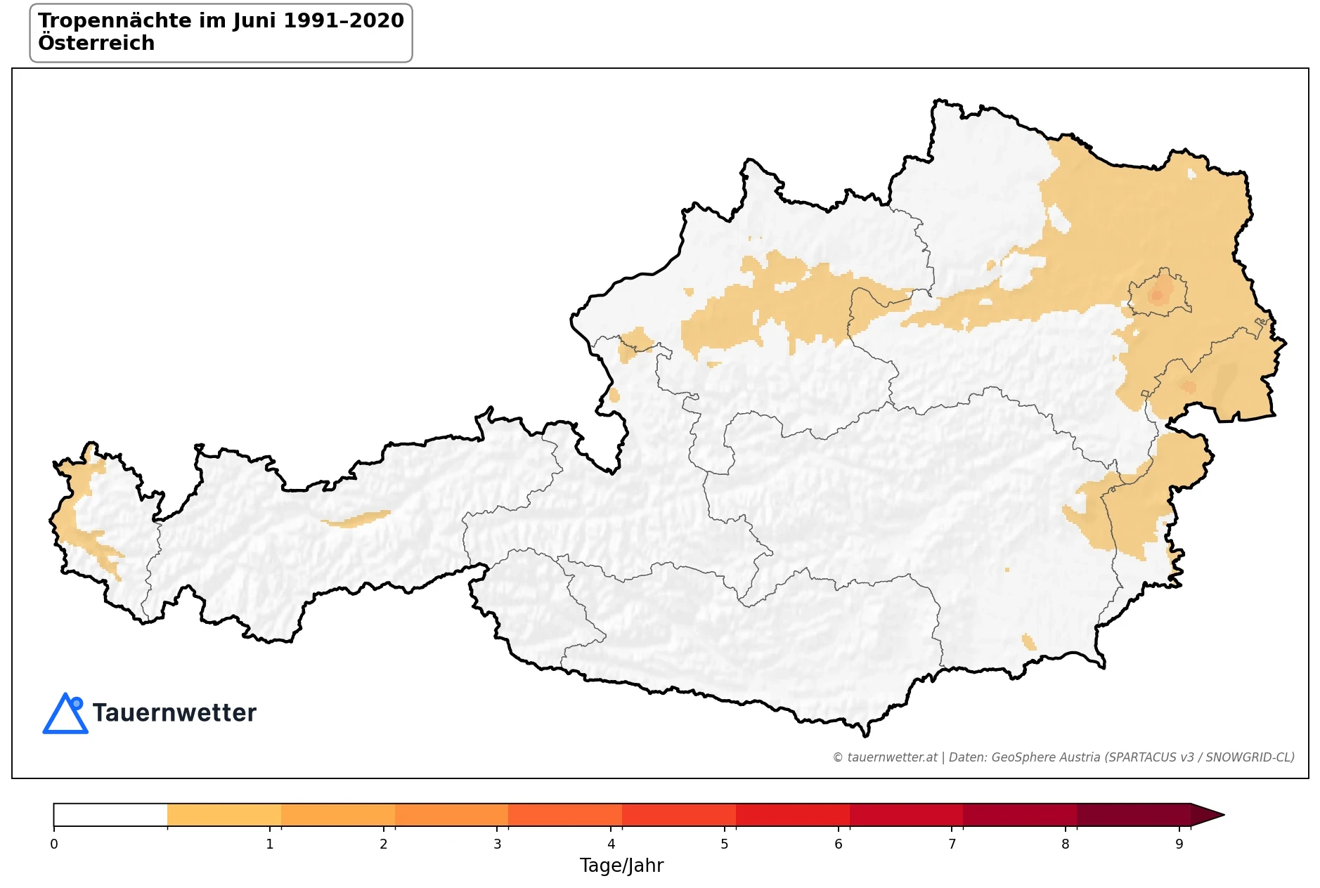 Klimakarte Tropennächte (Tmin ≥ 20 °C), Juni 1991–2020 in Österreich