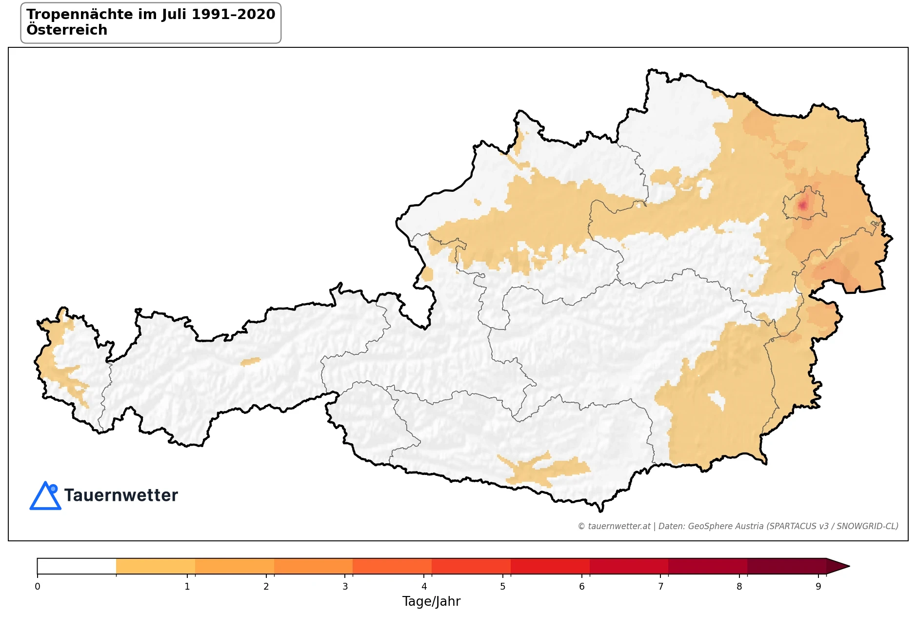 Klimakarte Tropennächte (Tmin ≥ 20 °C), Juli 1991–2020 in Österreich