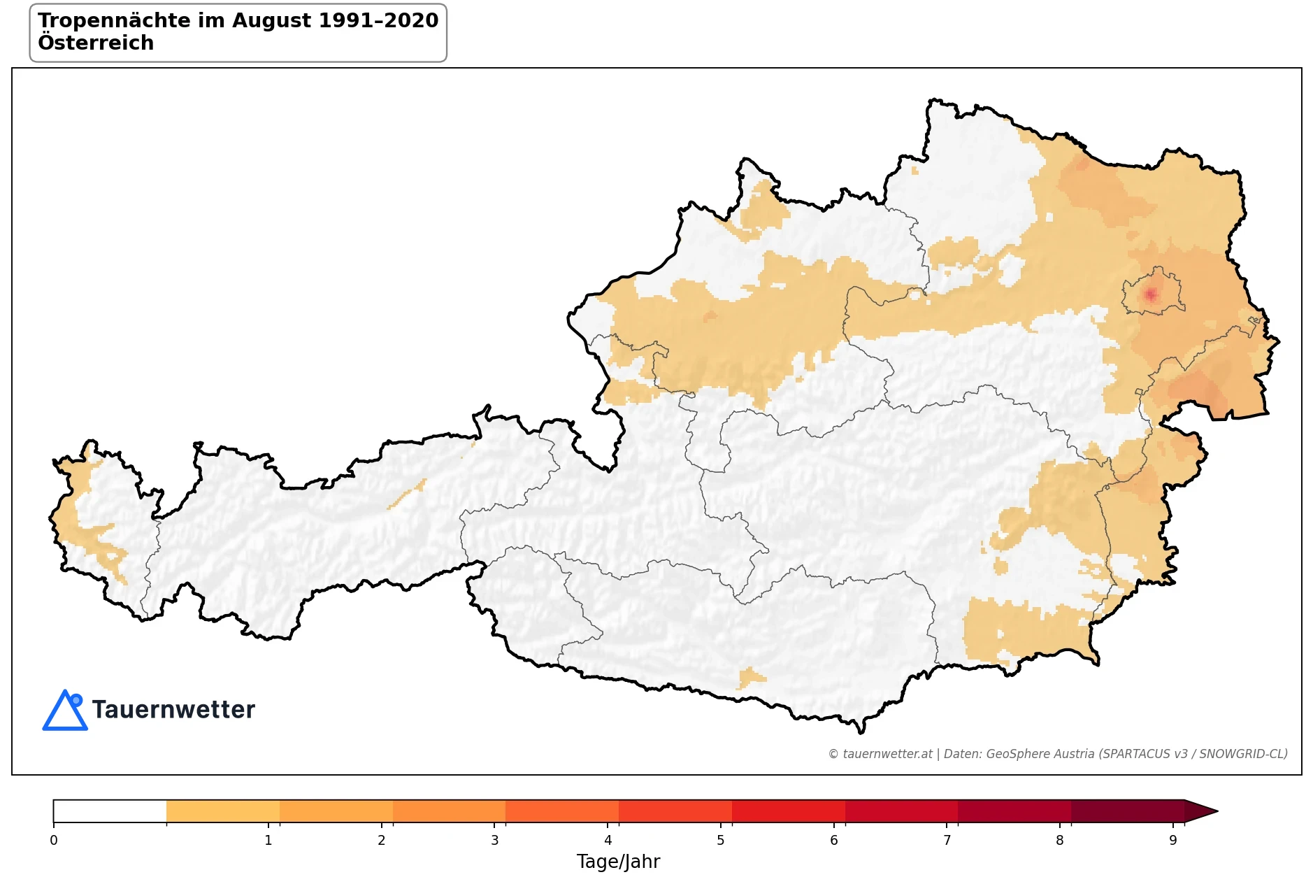 Klimakarte Tropennächte (Tmin ≥ 20 °C), August 1991–2020 in Österreich