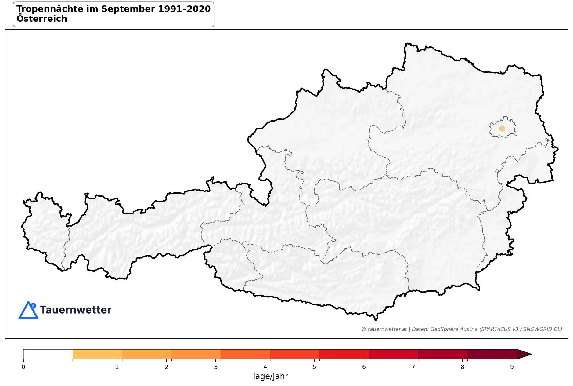 Klimakarte Tropennächte (Tmin ≥ 20 °C), September 1991–2020 in Österreich
