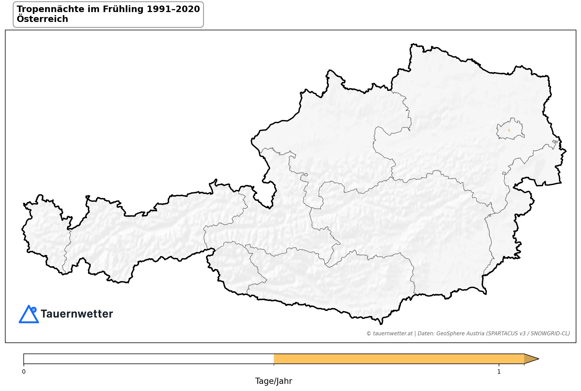 Klimakarte Tropennächte (Tmin ≥ 20 °C), Frühling (MAM) 1991–2020 in Österreich