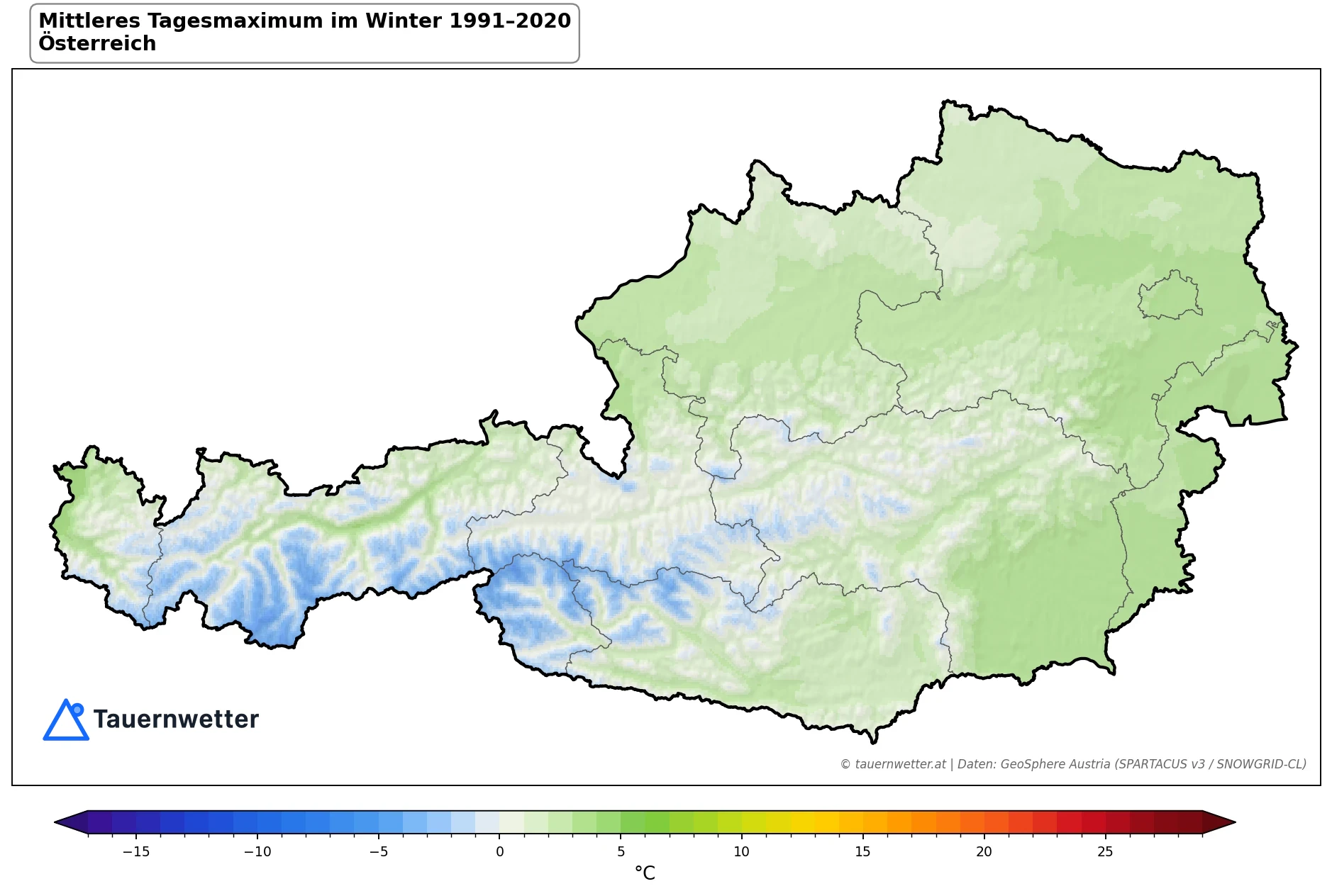 Klimakarte Maximale Temperatur (Tagesmaximum), Winter (DJF) 1991–2020 in Österreich
