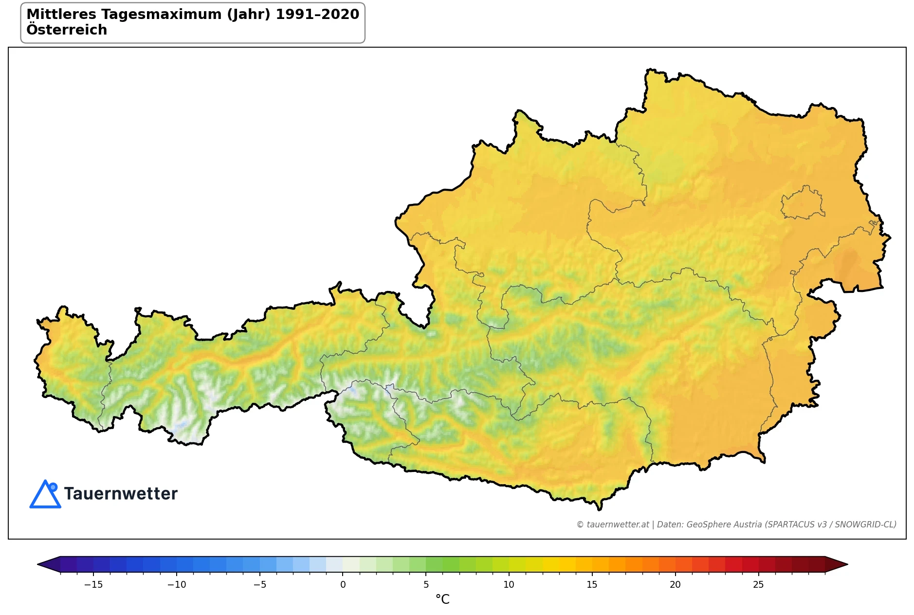 Klimakarte Maximale Temperatur (Tagesmaximum), Jahr 1991–2020 in Österreich