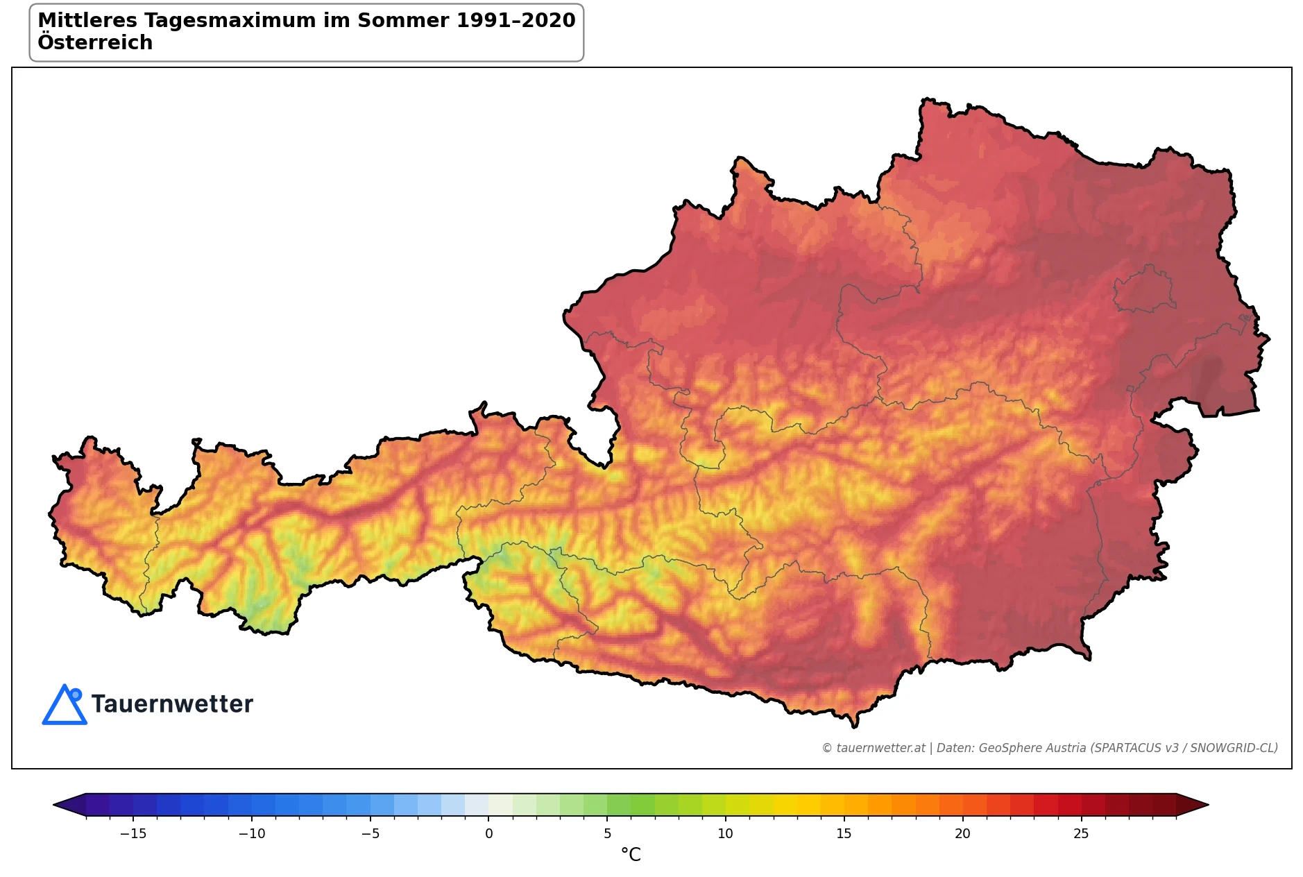 Klimakarte Maximale Temperatur (Tagesmaximum), Sommer (JJA) 1991–2020 in Österreich