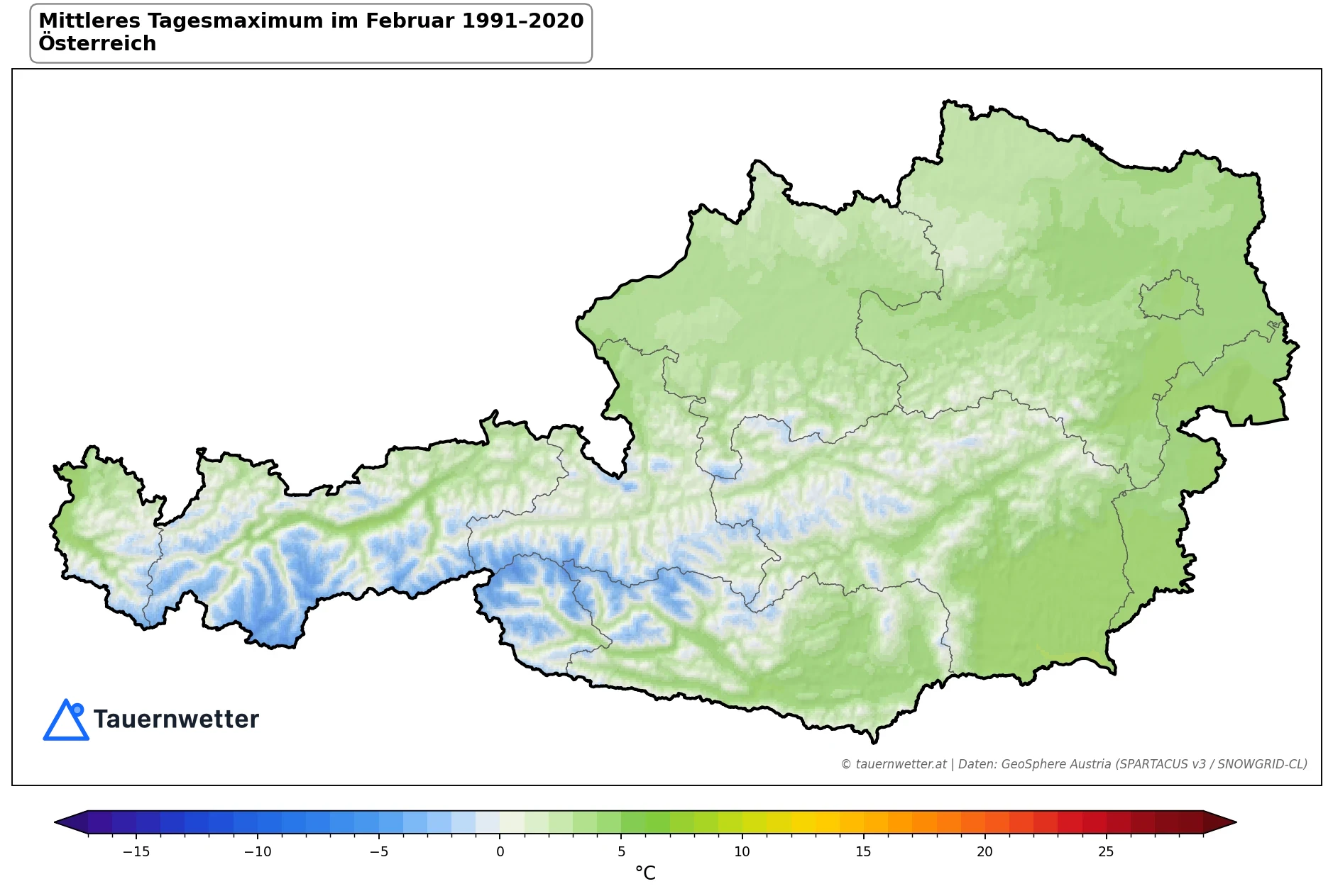 Klimakarte Maximale Temperatur (Tagesmaximum), Februar 1991–2020 in Österreich