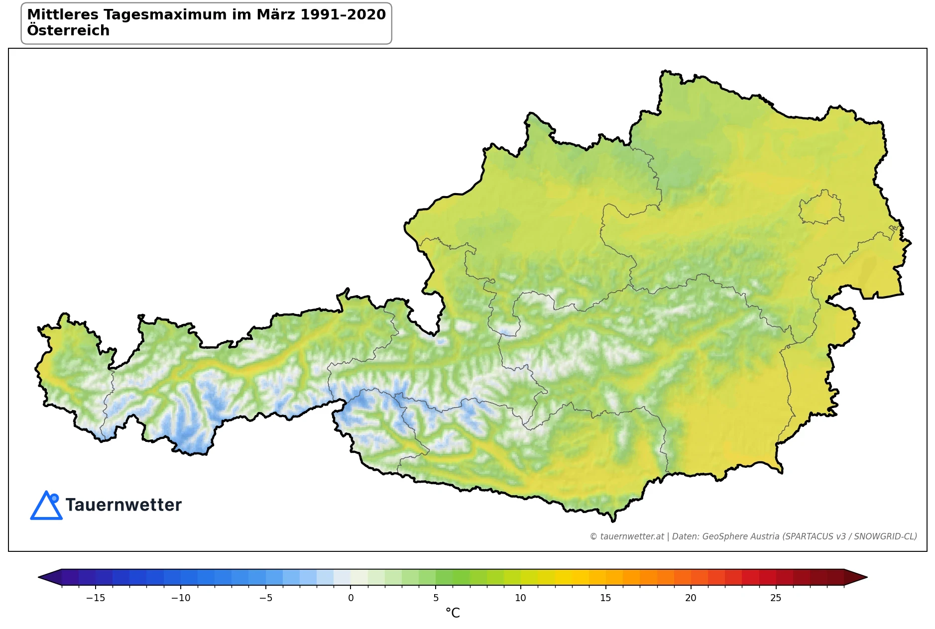 Klimakarte Maximale Temperatur (Tagesmaximum), März 1991–2020 in Österreich