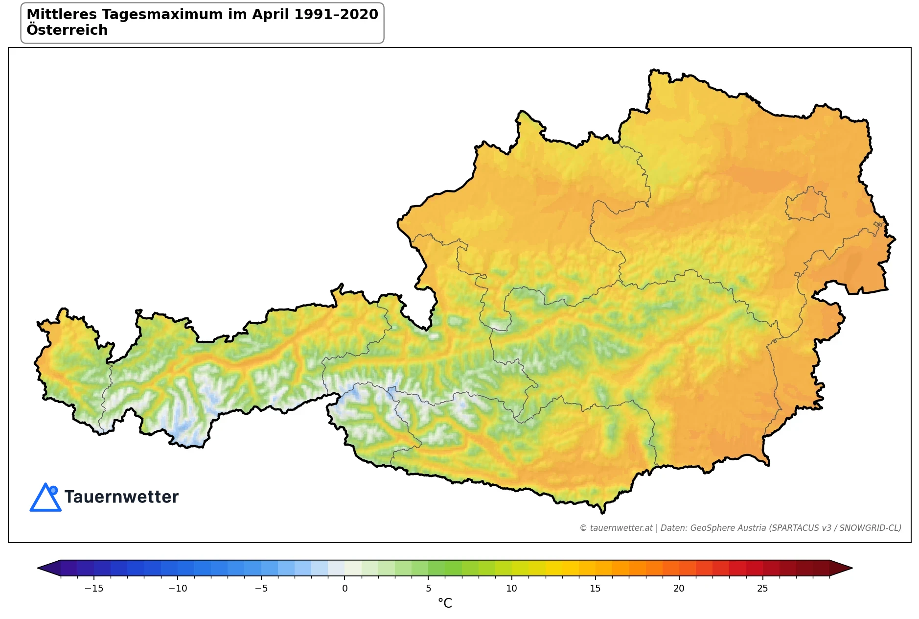 Klimakarte Maximale Temperatur (Tagesmaximum), April 1991–2020 in Österreich