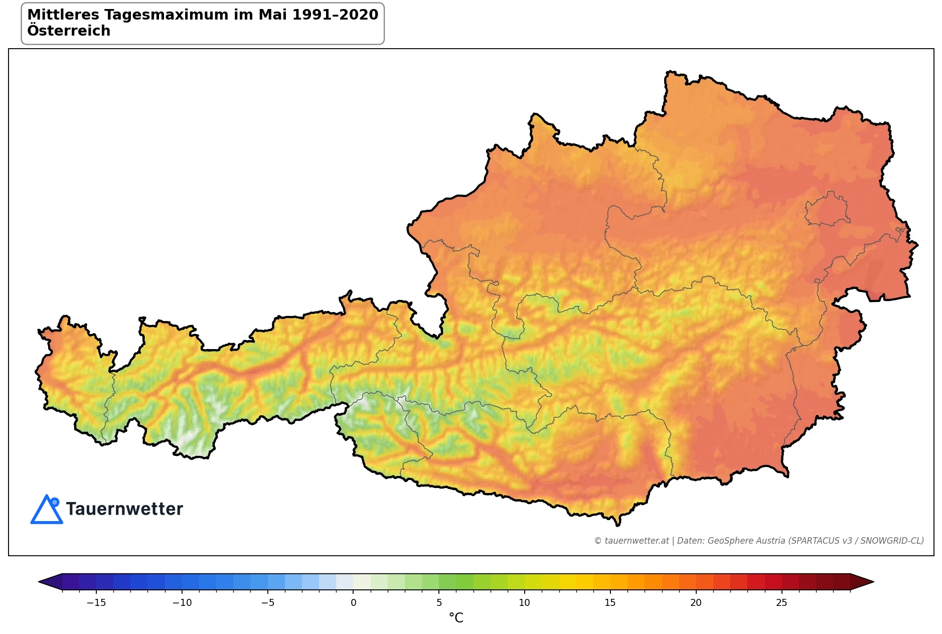 Klimakarte Maximale Temperatur (Tagesmaximum), Mai 1991–2020 in Österreich