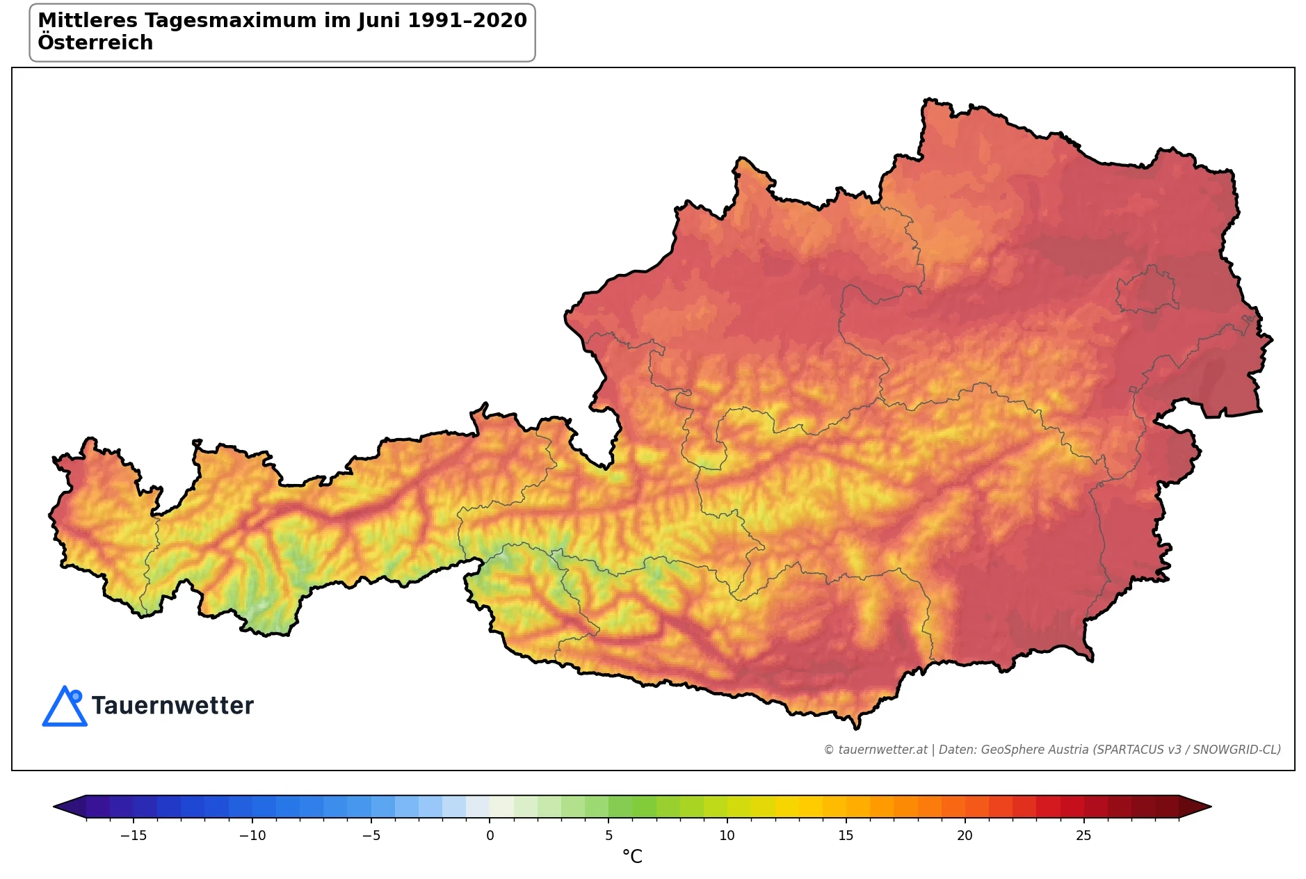 Klimakarte Maximale Temperatur (Tagesmaximum), Juni 1991–2020 in Österreich
