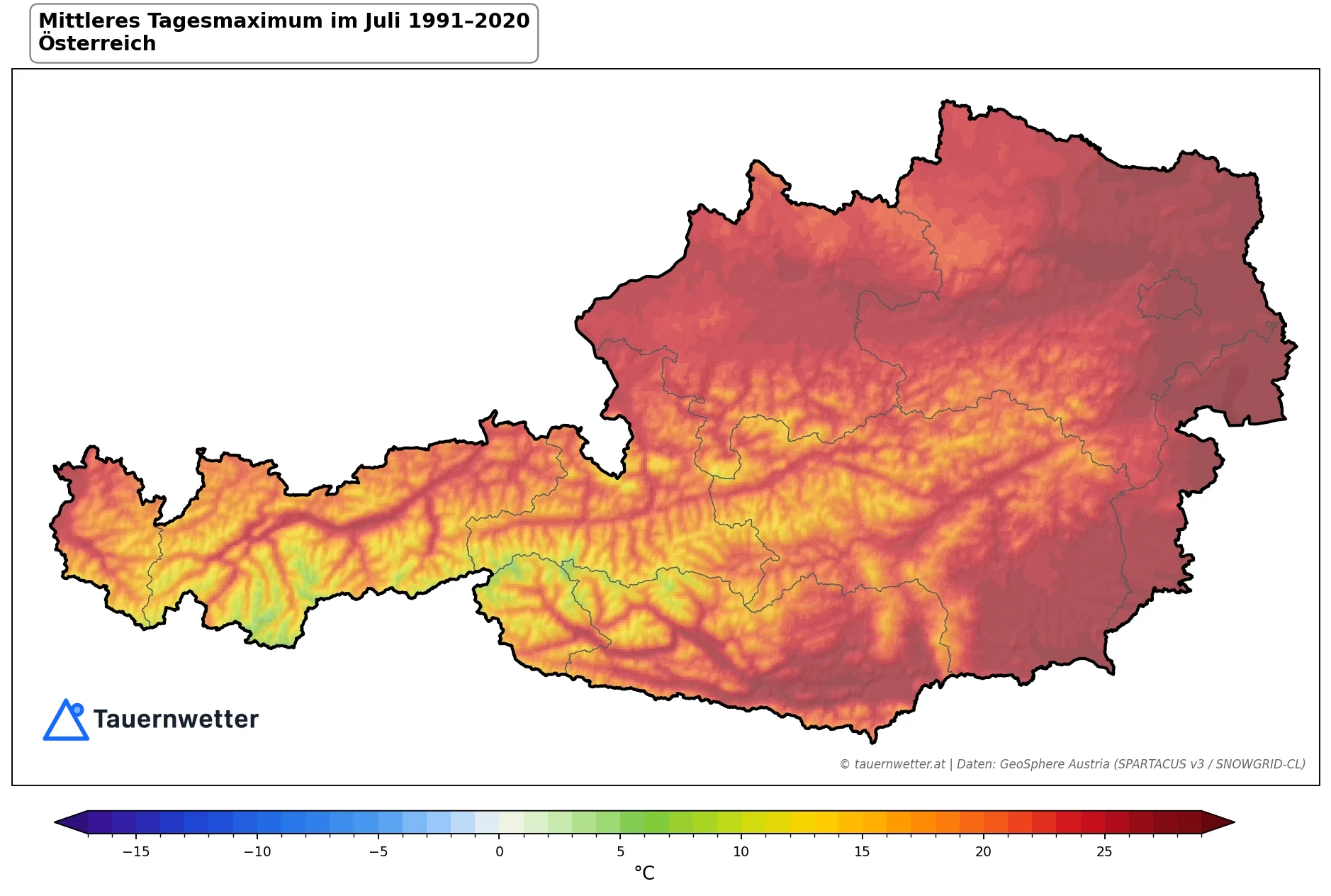 Klimakarte Maximale Temperatur (Tagesmaximum), Juli 1991–2020 in Österreich