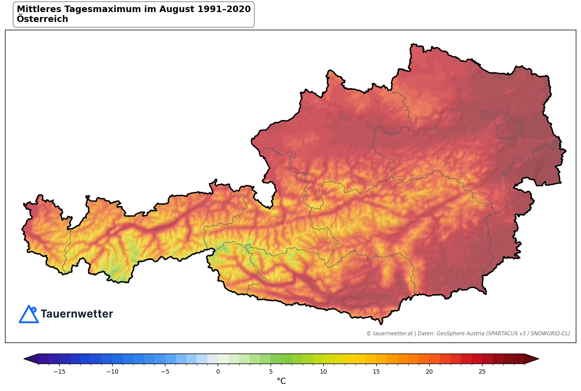 Klimakarte Maximale Temperatur (Tagesmaximum), August 1991–2020 in Österreich