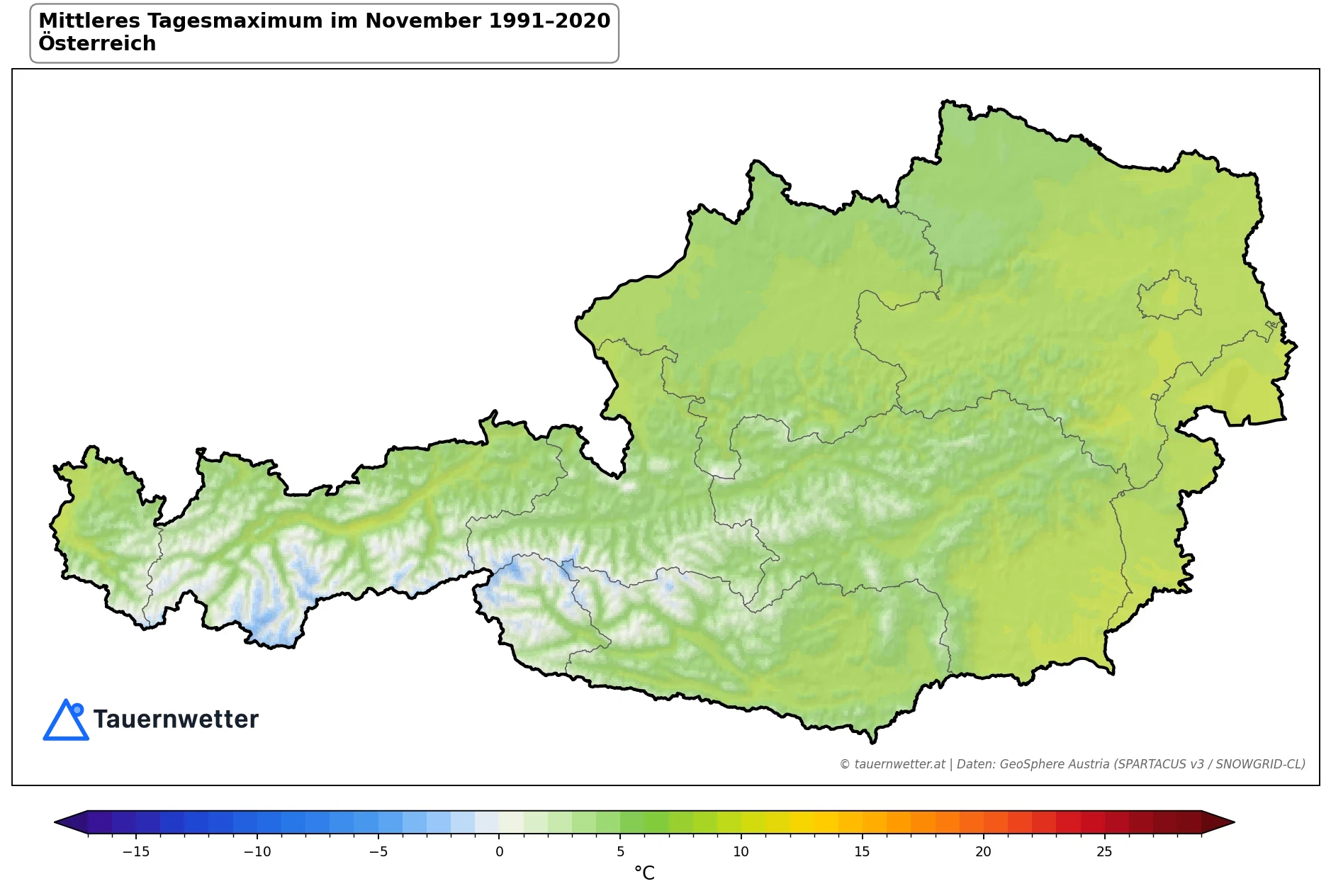 Klimakarte Maximale Temperatur (Tagesmaximum), November 1991–2020 in Österreich