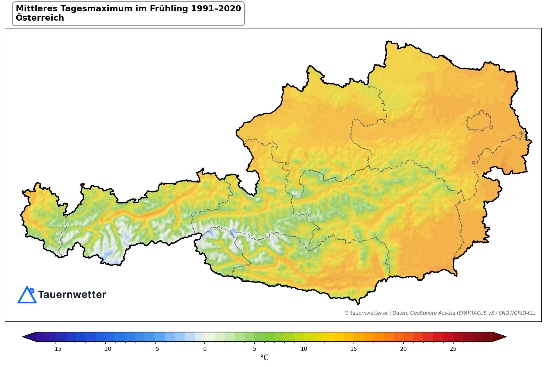 Klimakarte Maximale Temperatur (Tagesmaximum), Frühling (MAM) 1991–2020 in Österreich