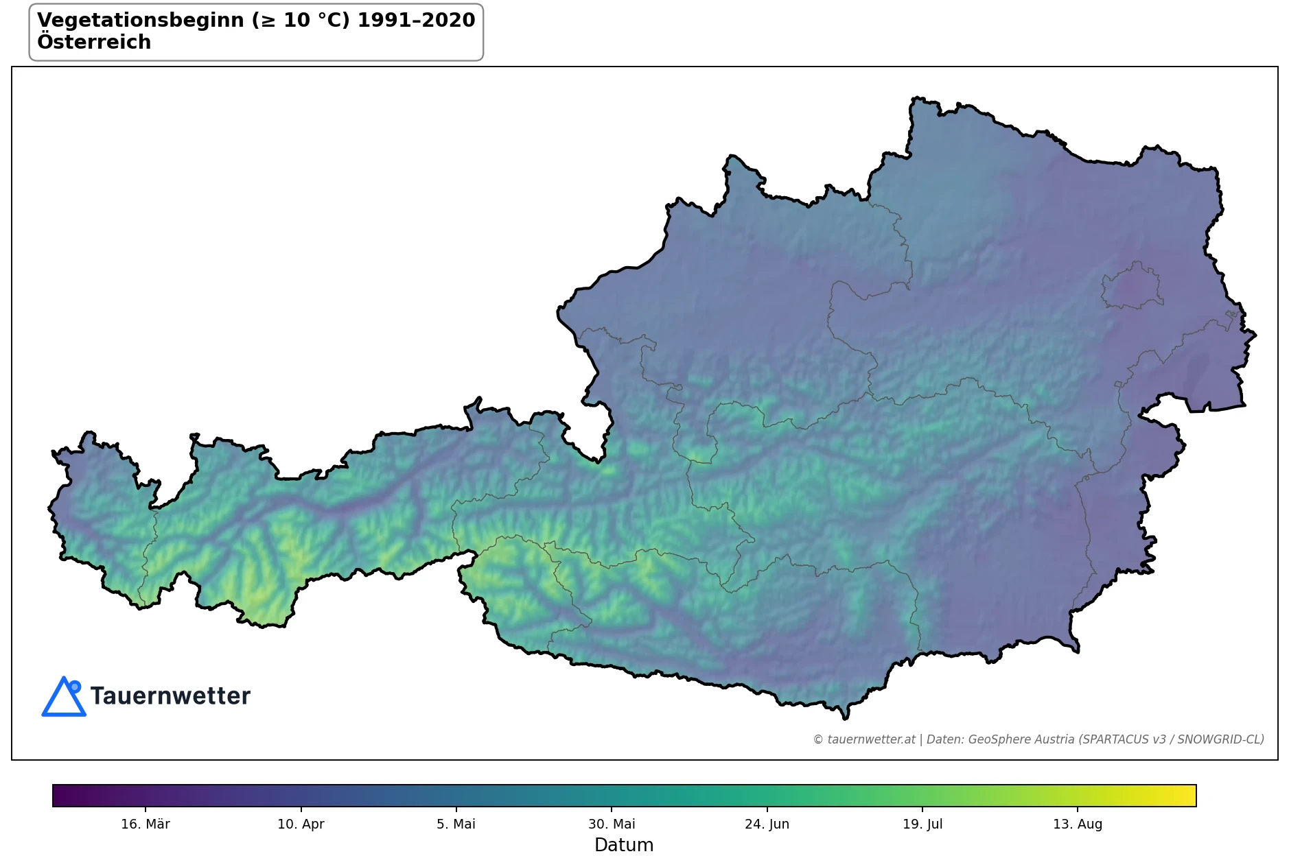 Klimakarte Vegetationsbeginn (≥ 10 °C), Jahr 1991–2020 in Österreich