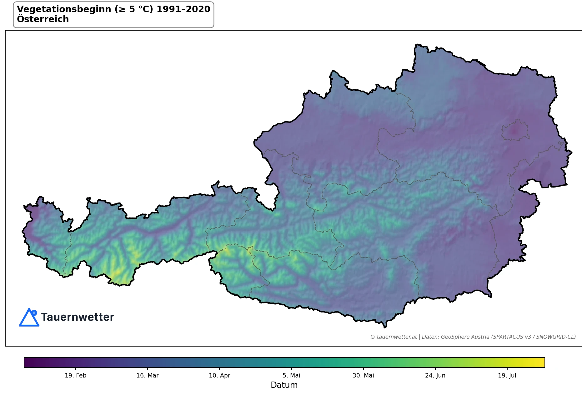Klimakarte Vegetationsbeginn (≥ 5 °C), Jahr 1991–2020 in Österreich
