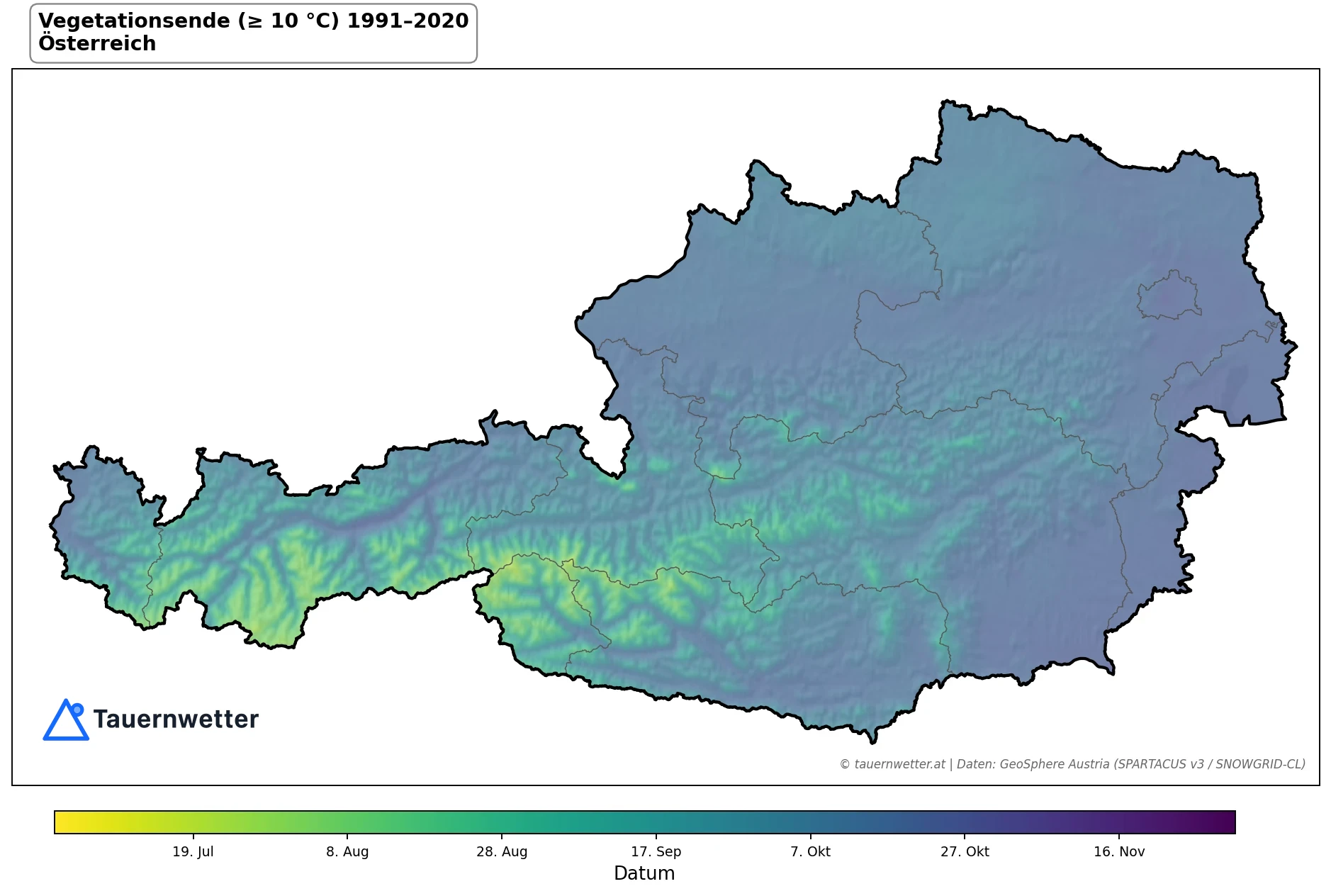 Klimakarte Vegetationsende (≥ 10 °C), Jahr 1991–2020 in Österreich