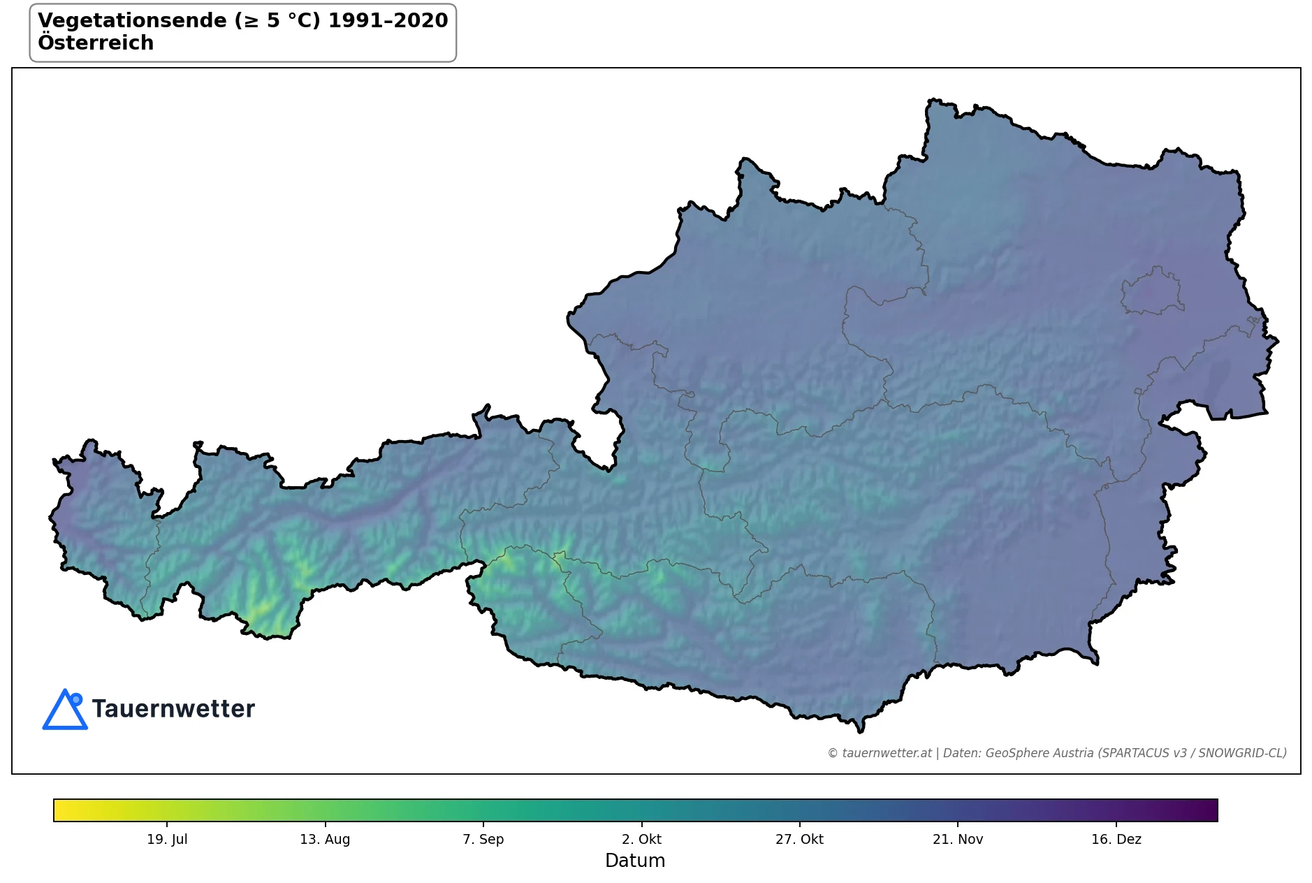 Klimakarte Vegetationsende (≥ 5 °C), Jahr 1991–2020 in Österreich
