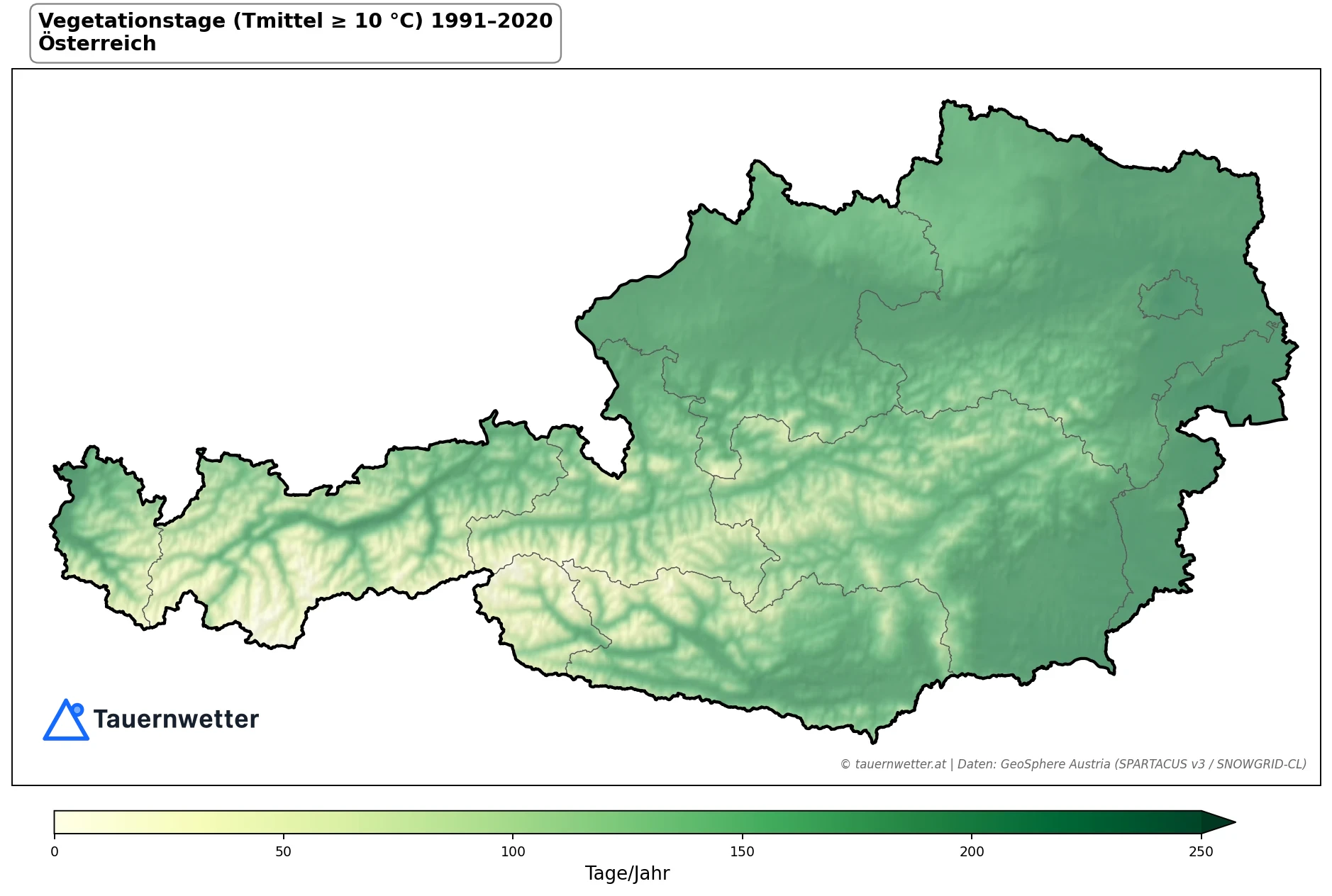 Klimakarte Vegetationsperiode (Tmittel ≥ 10 °C), Jahr 1991–2020 in Österreich