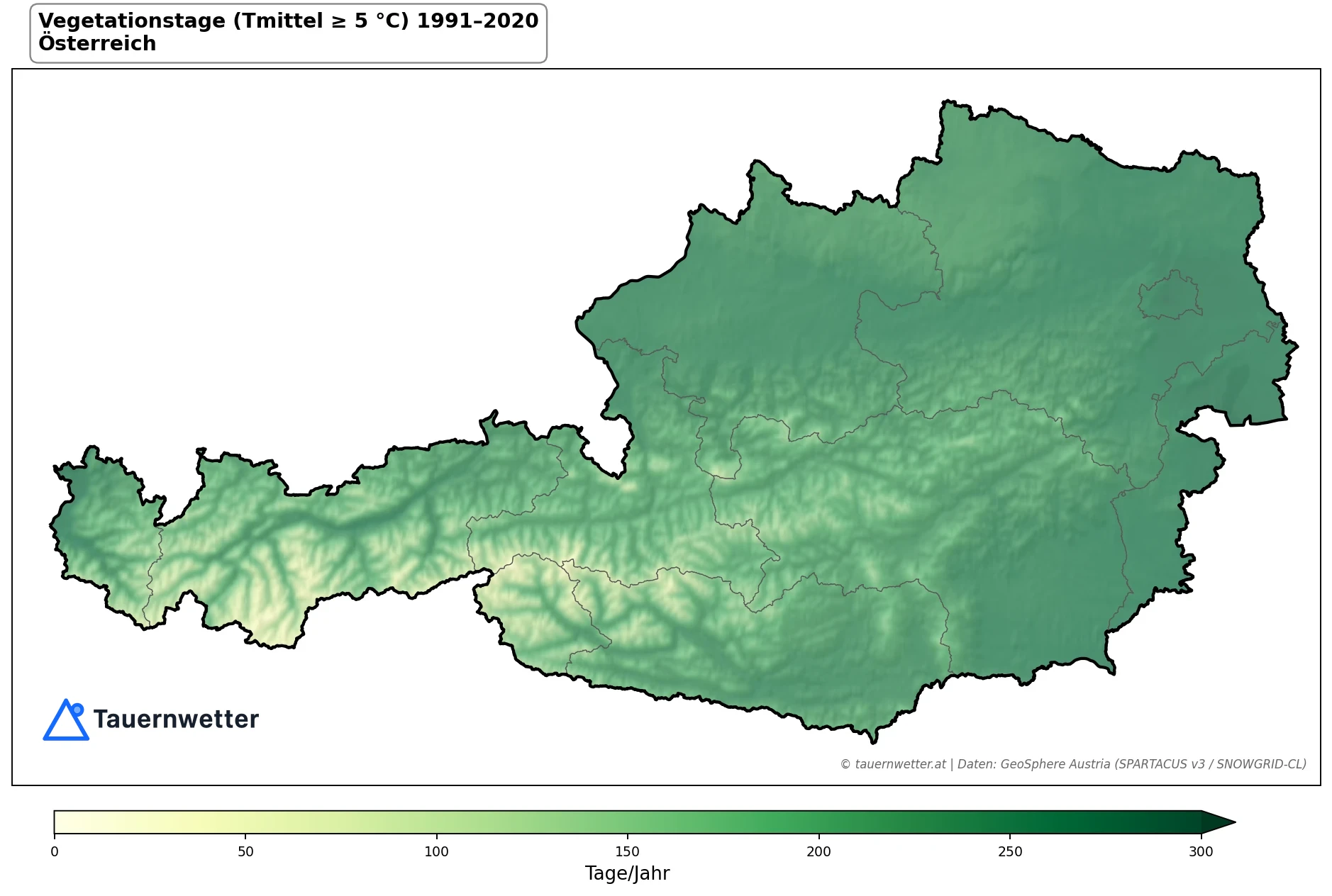 Klimakarte Vegetationsperiode (Tmittel ≥ 5 °C), Jahr 1991–2020 in Österreich