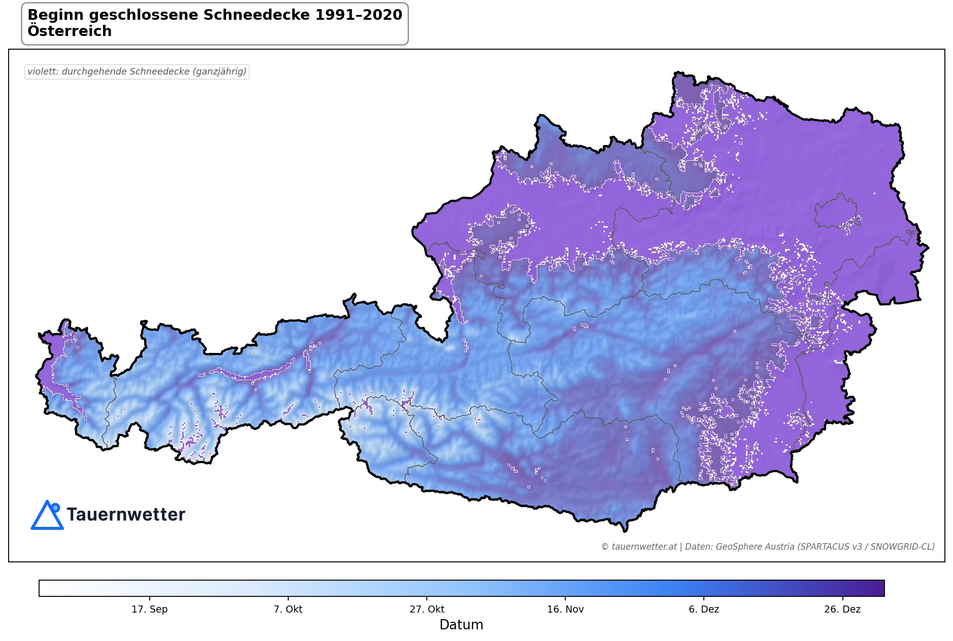 Klimakarte Beginn geschlossene Schneedecke, Jahr 1991–2020 in Österreich