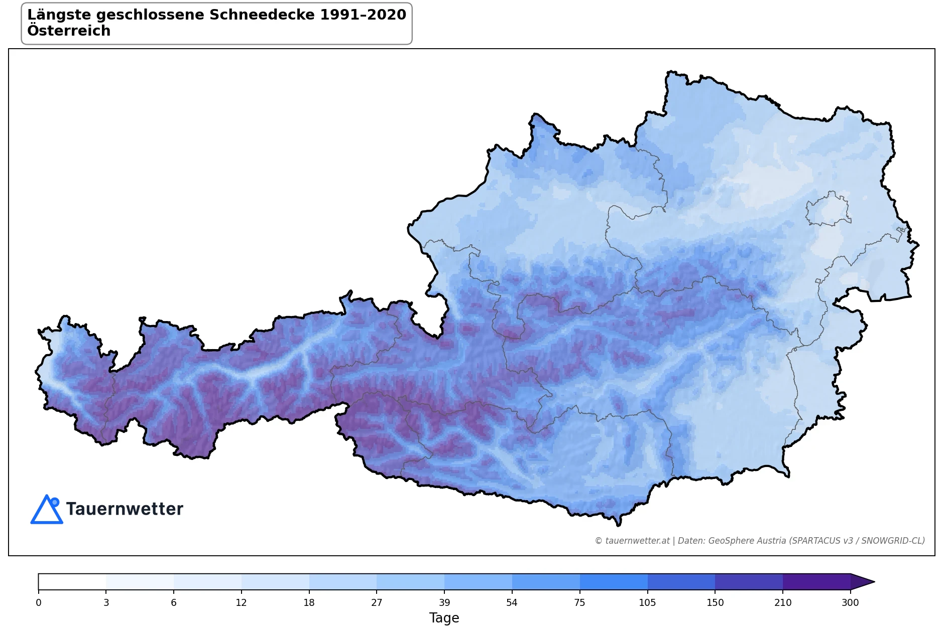 Klimakarte Längste geschlossene Schneedecke, Jahr 1991–2020 in Österreich