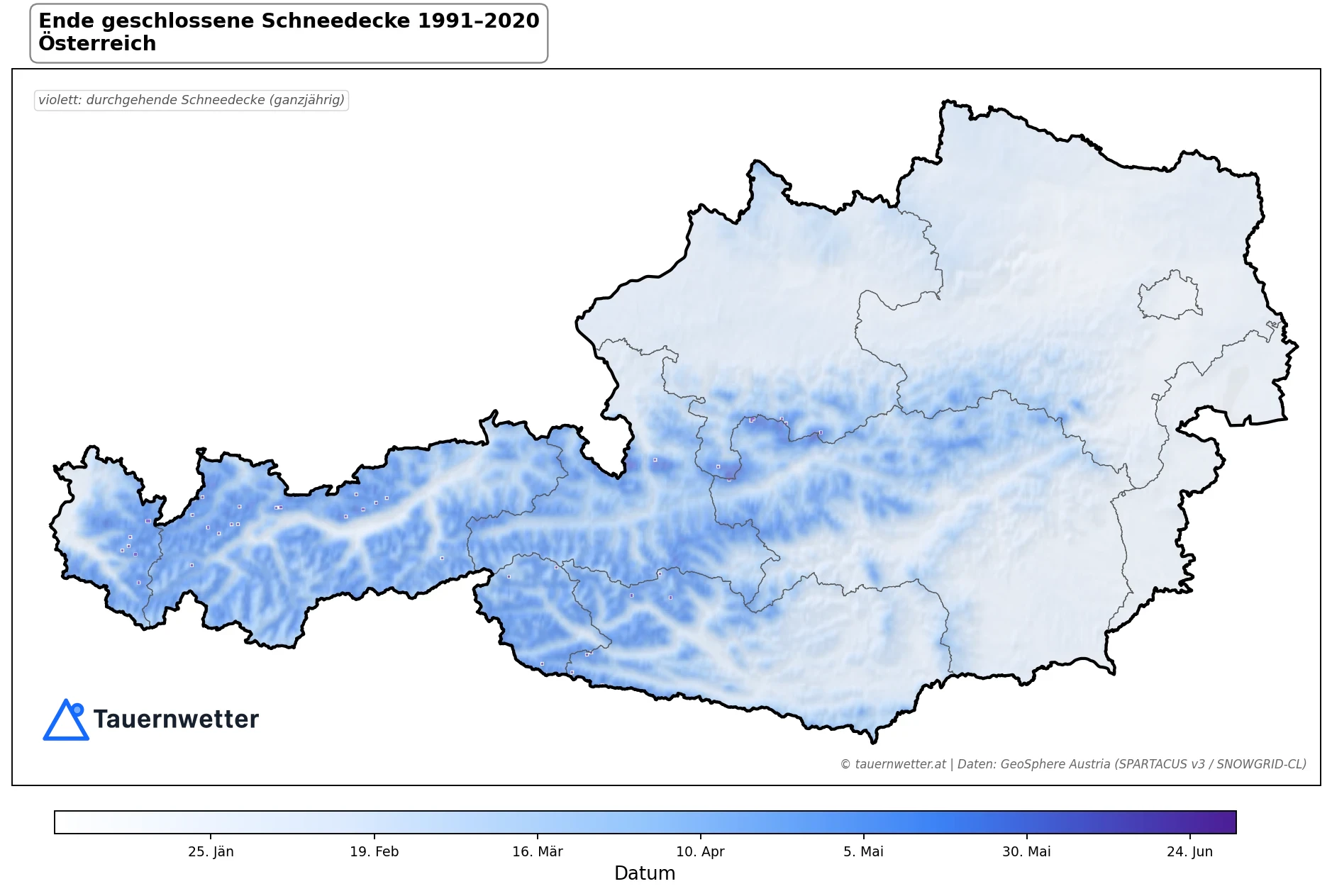 Klimakarte Ende geschlossene Schneedecke, Jahr 1991–2020 in Österreich